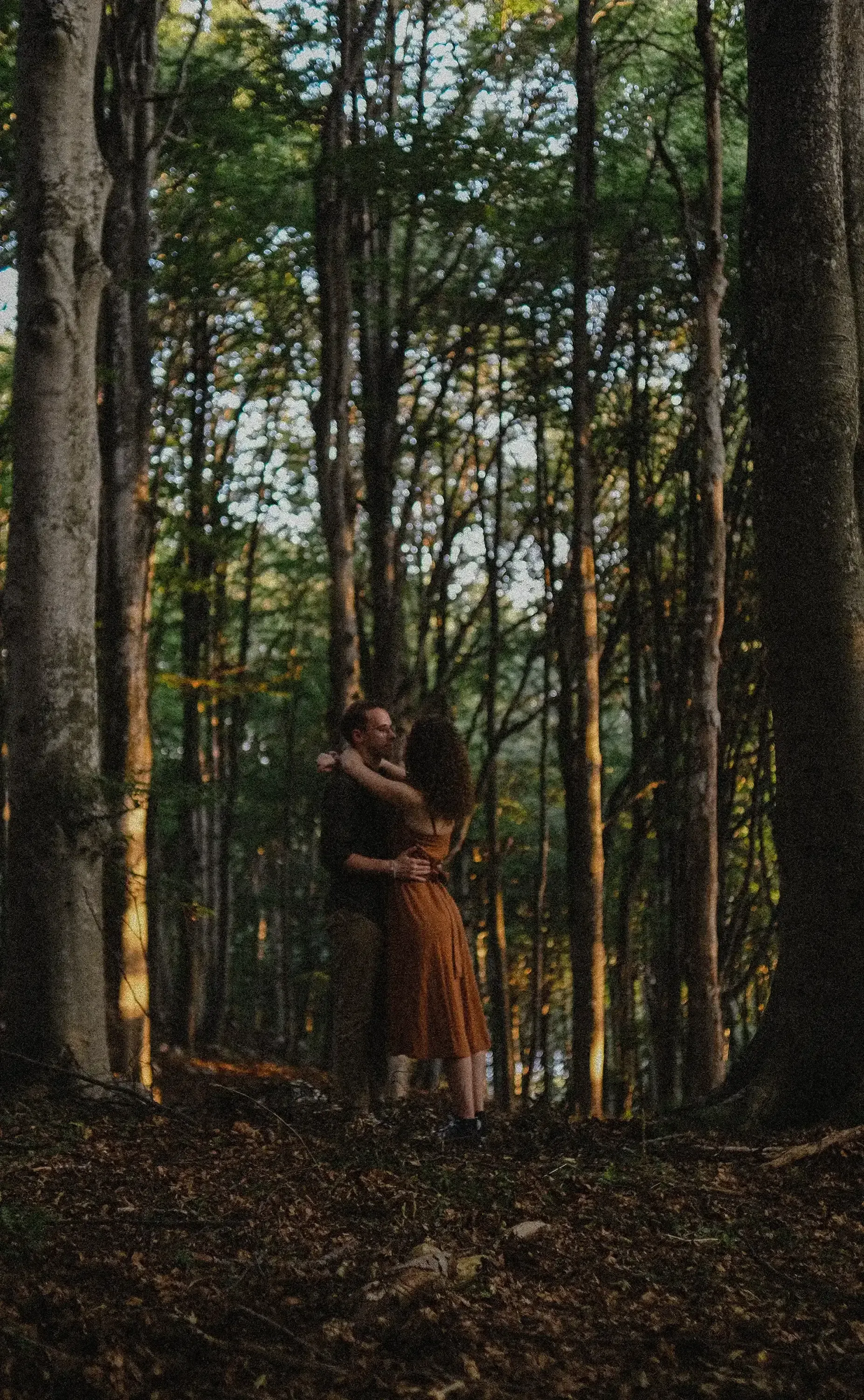 Romantic scene of Nicolò and Greta embracing amongst tall forest trees.