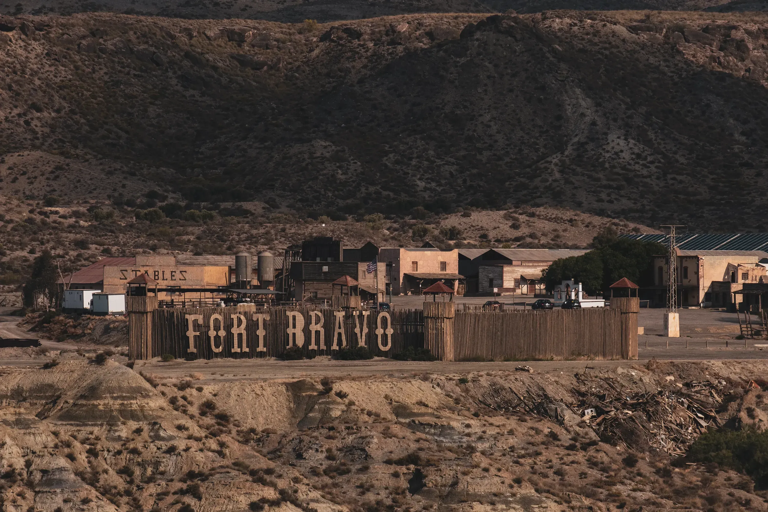 Fort Bravo Western town viewed from a nearby desert hill.
