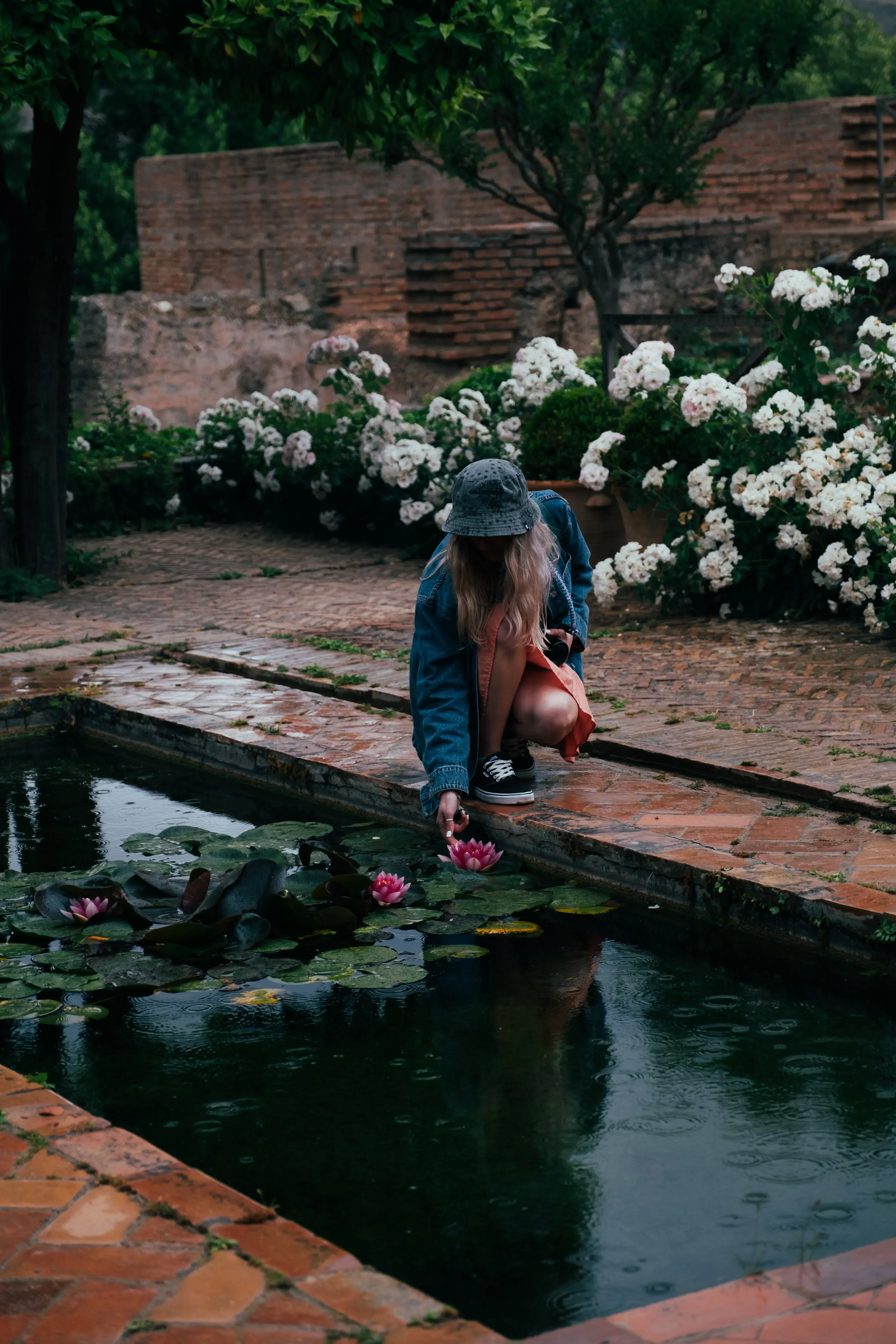 Letizia gently touching a large water lily (ninfea) pad floating in one of the serene courtyard ponds of the Alcázar gardens in Seville.