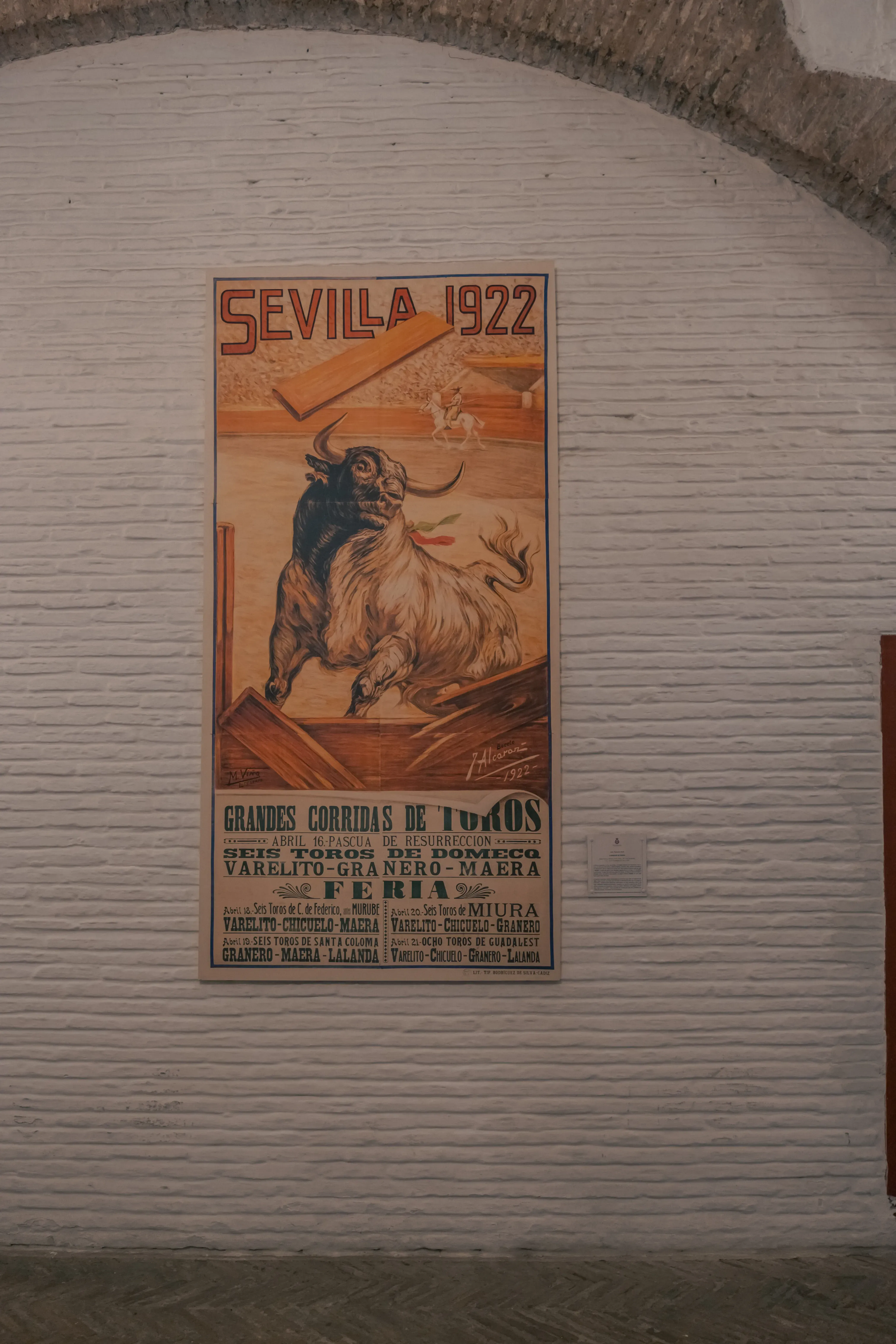 A bullfighting poster displayed inside the Seville bullring (Plaza de Toros).