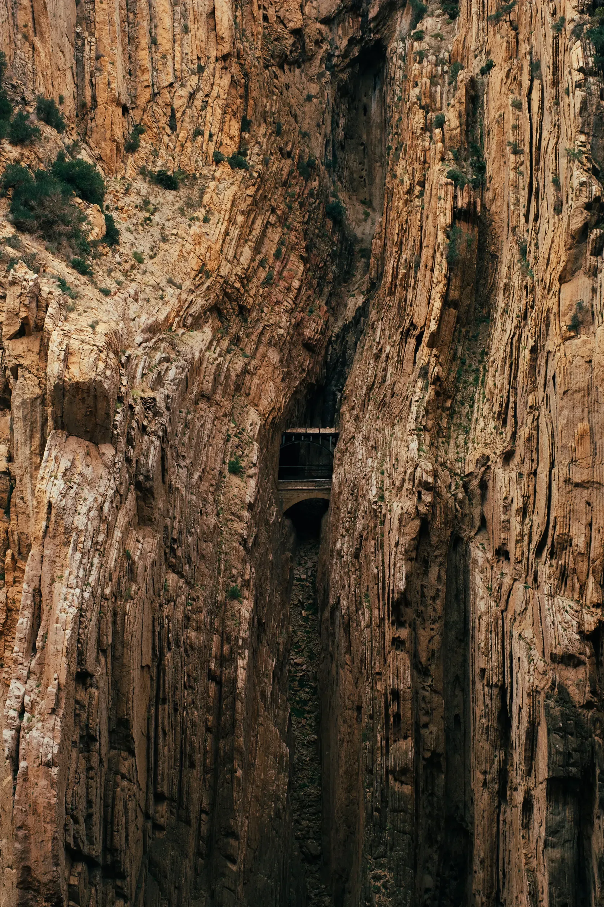 The narrow pathway of the Caminito del Rey hiking trail passing through the rocky gorge.