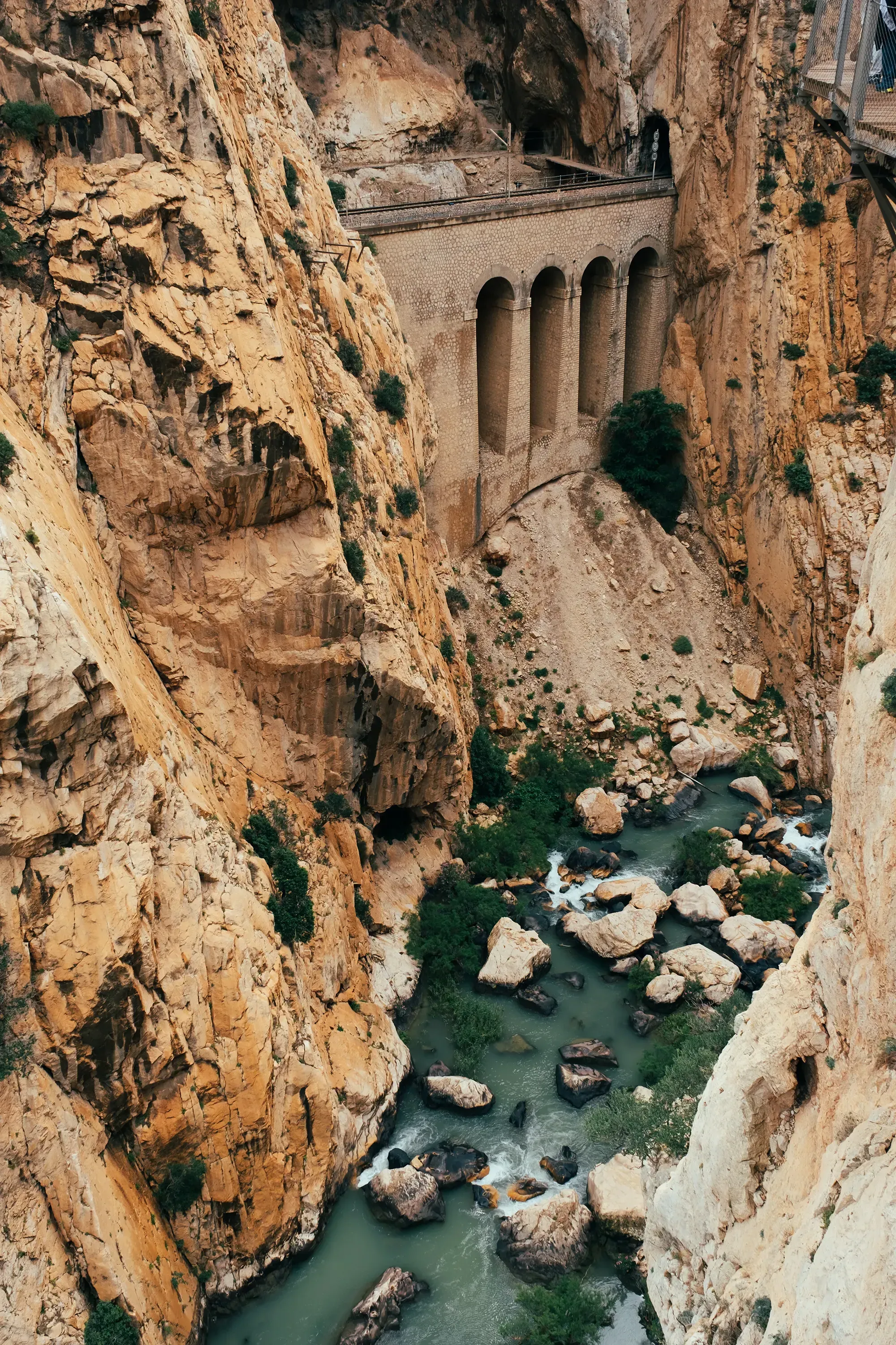 Panoramic view from the narrow, high-up walkway of the Caminito del Rey gorge.
