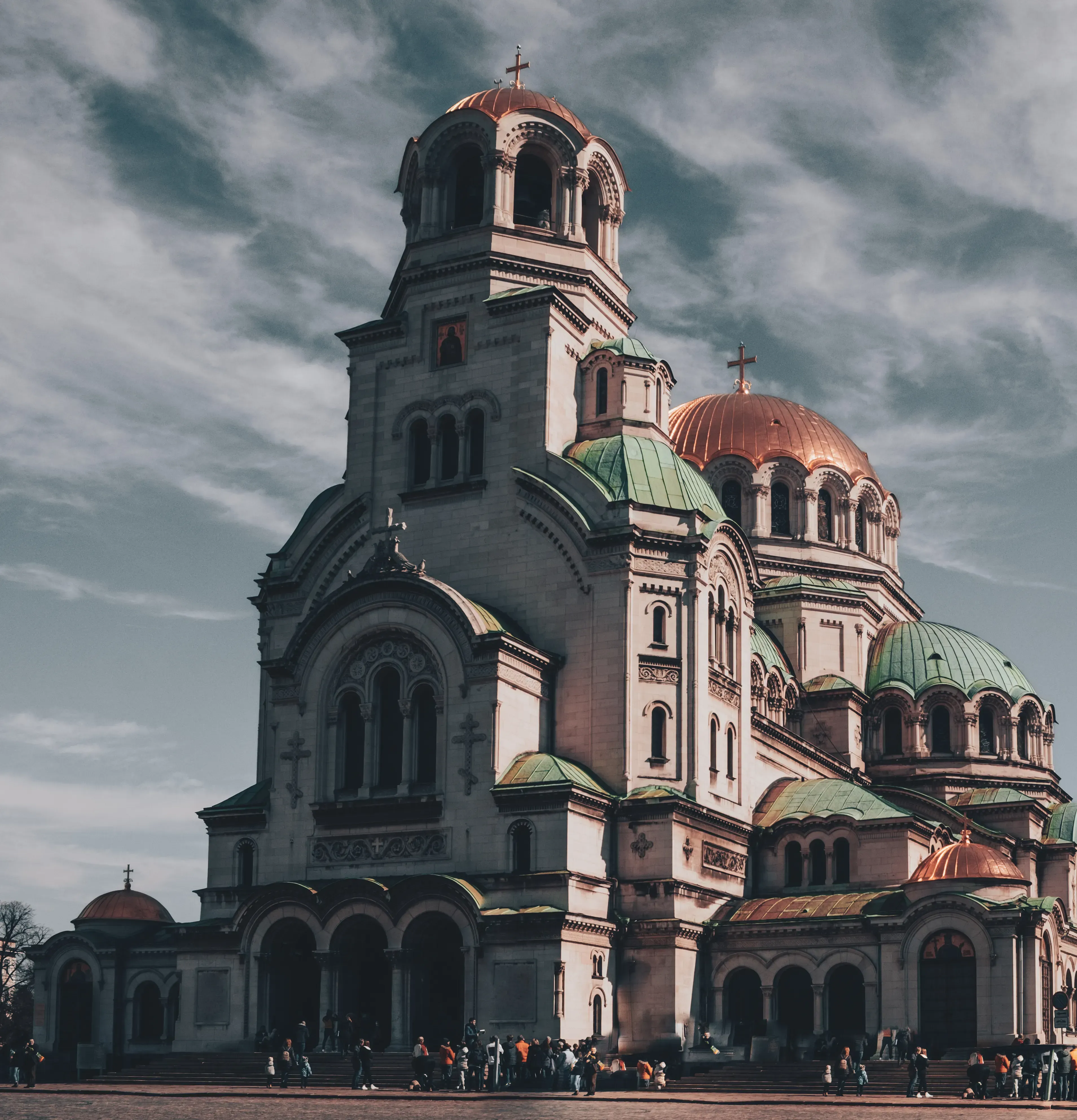 The large, domed structure of the Alexander Nevsky Cathedral in Sofia.