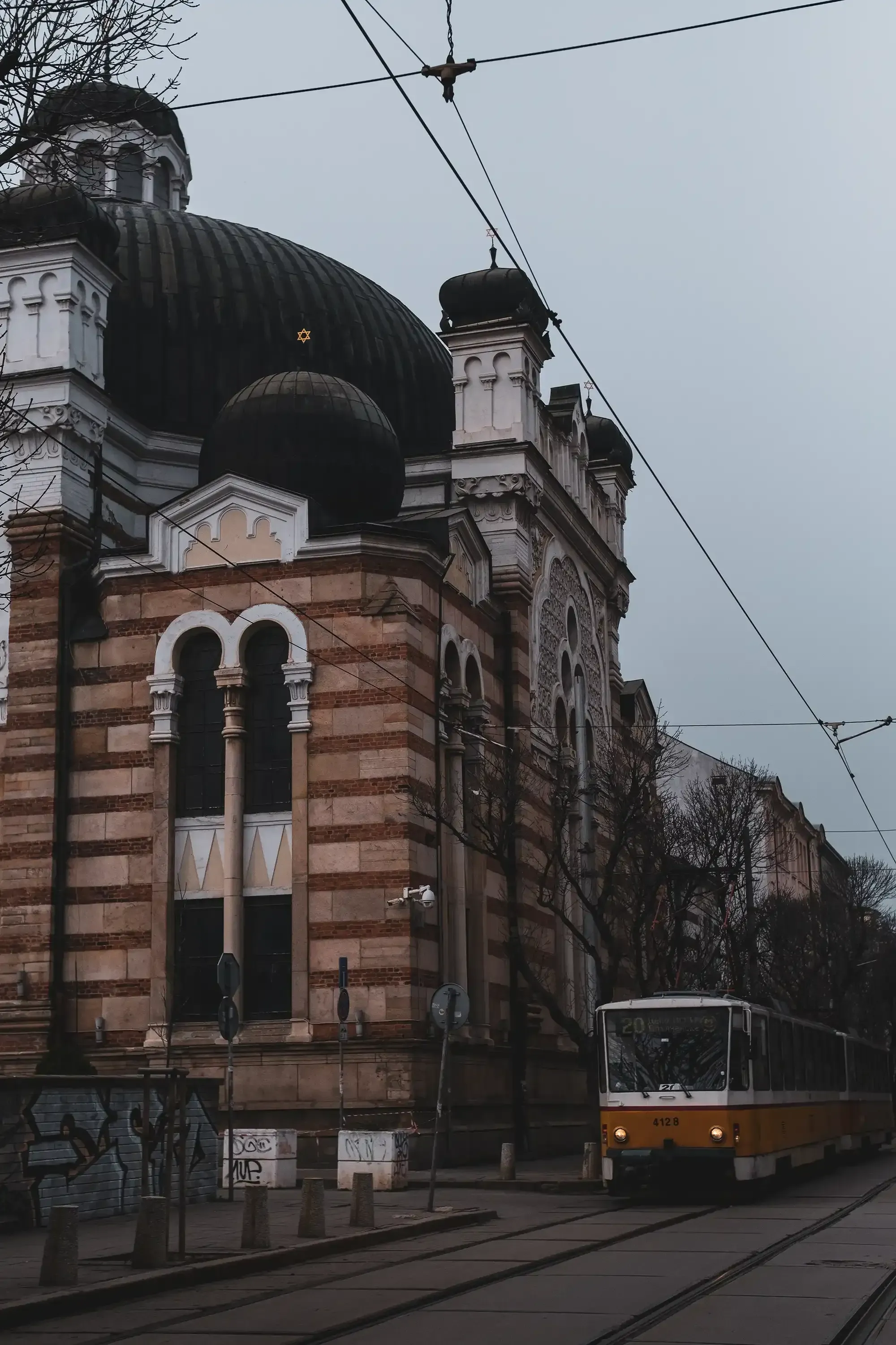 ortodossa	A tram passing by the ornate structure of a large Orthodox church.