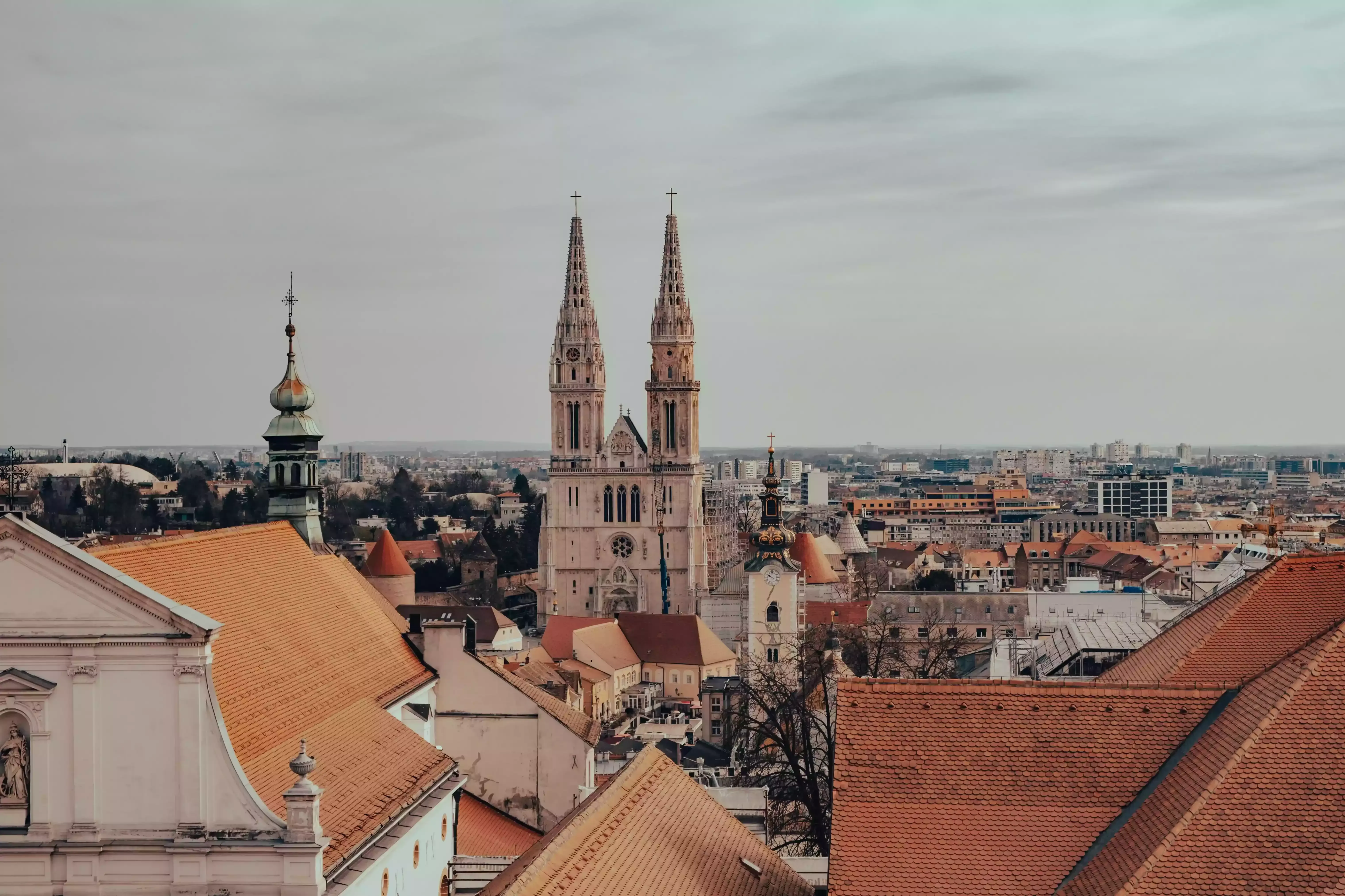 Distant view of Zagreb Cathedral's two towering spires.
