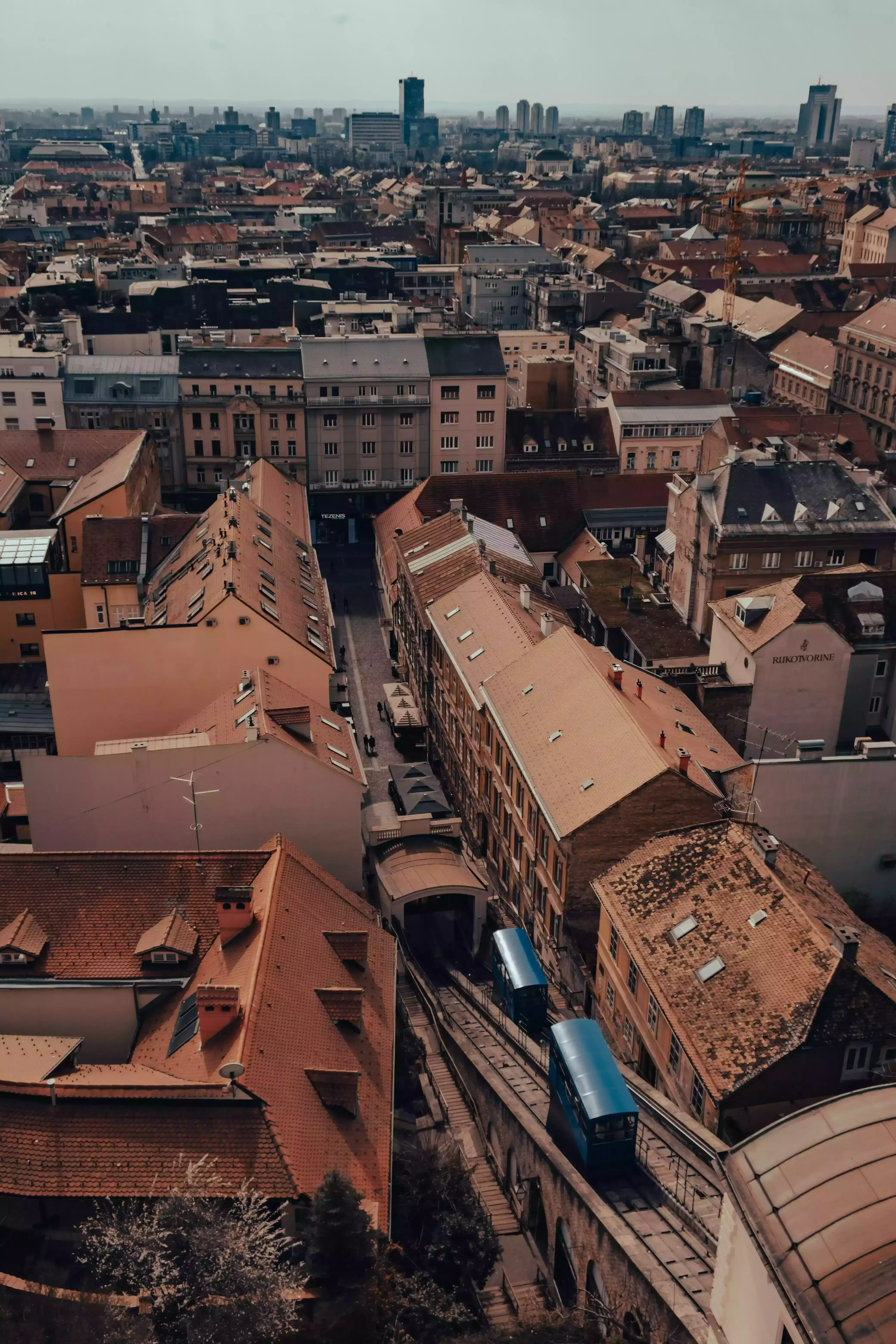 The small, historic funicular (cable car) carrying passengers up the hill in Zagreb.