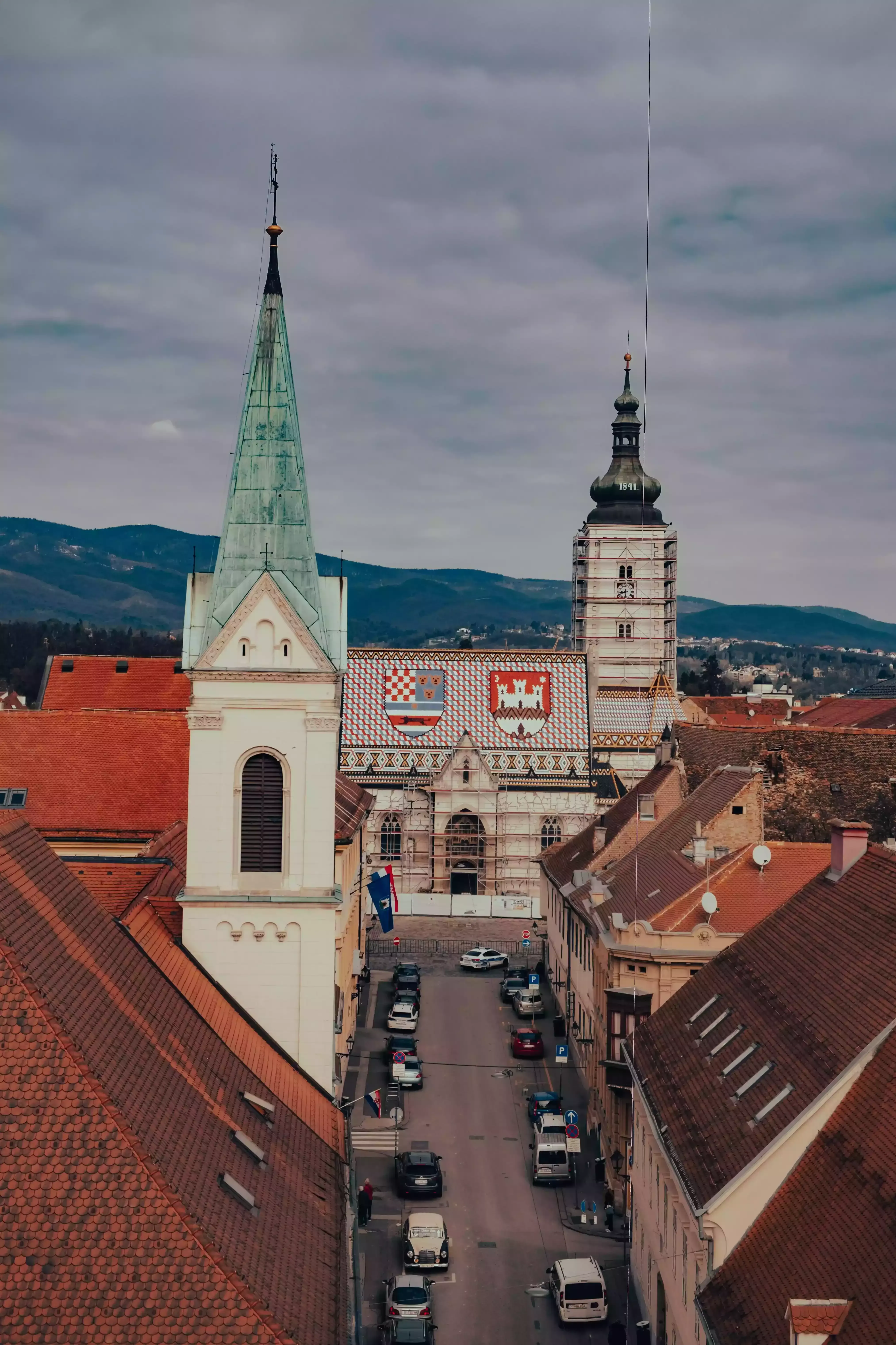 The iconic St. Mark's Church in Zagreb, known for its vividly tiled, colorful roof.