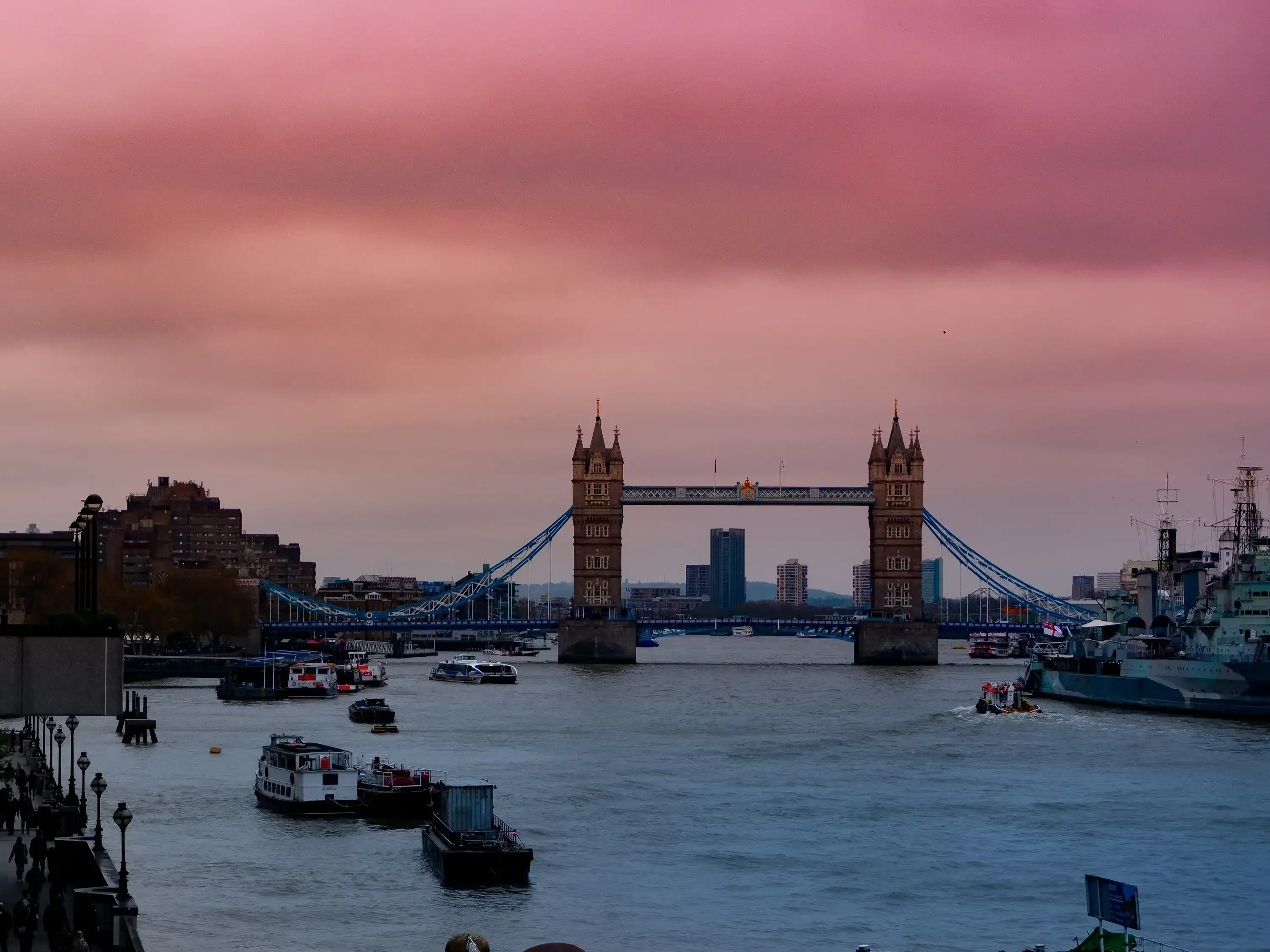 Full view of the historic London Bridge spanning the River Thames.