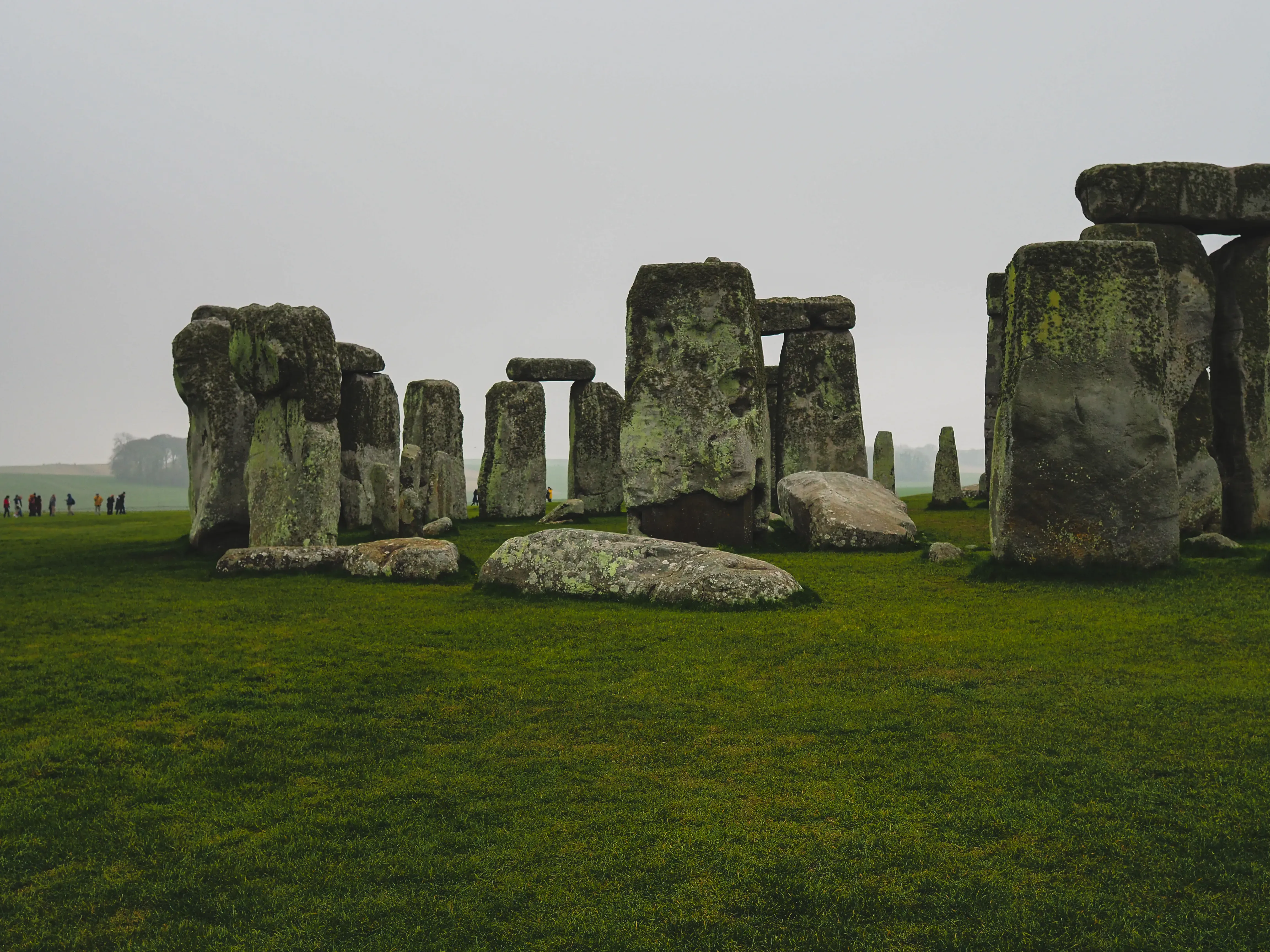 Close-up detail of the massive Sarsen stones and bluestones at Stonehenge.