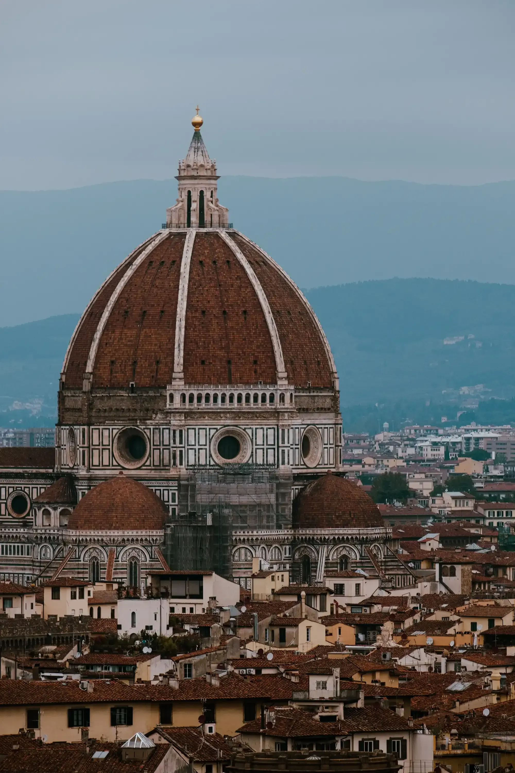 Distant shot of the massive terra cotta dome of the Florence Cathedral (Duomo).