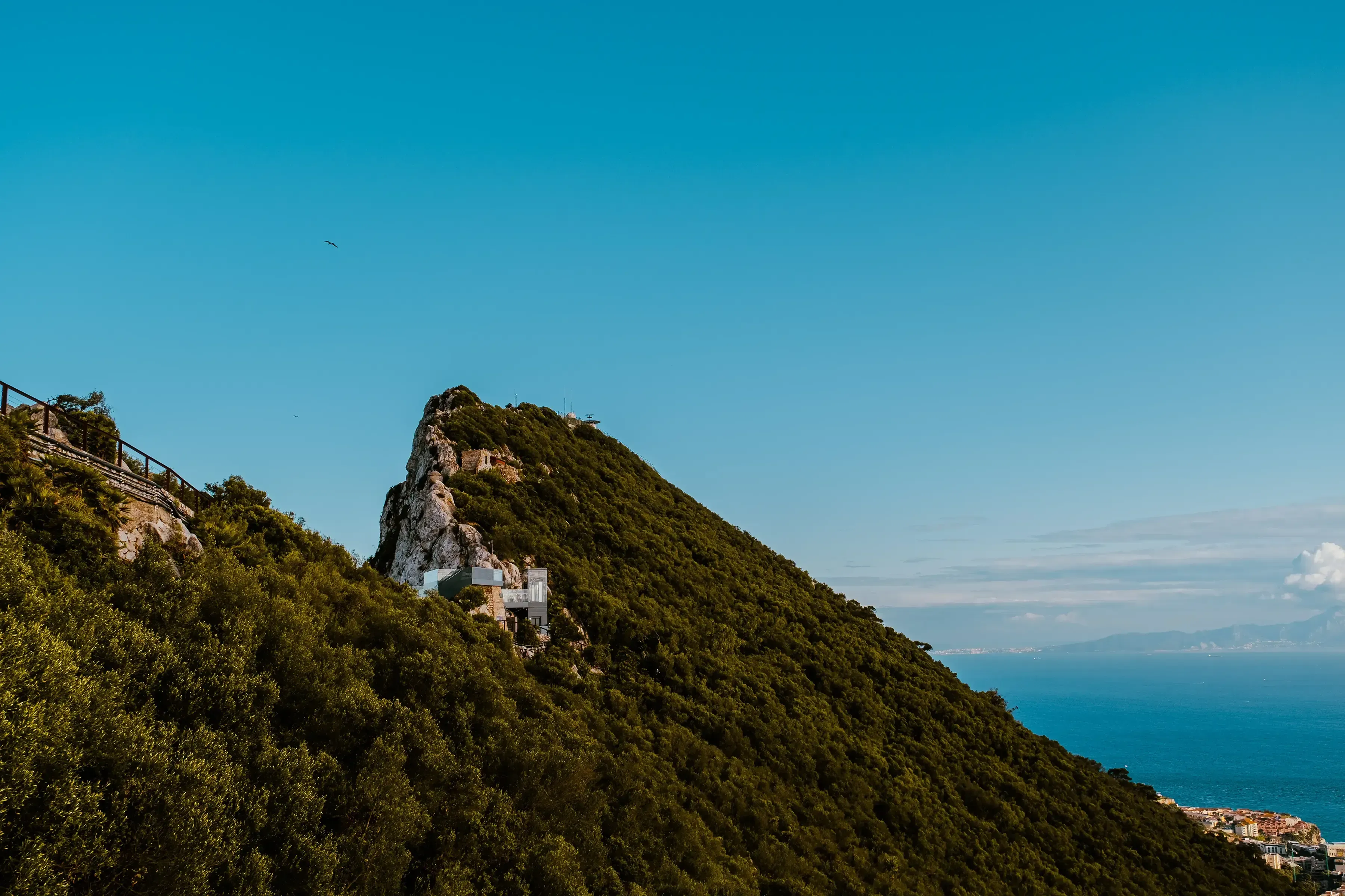 A dramatic view of the steep limestone cliff face of the Rock of Gibraltar descending into the Mediterranean Sea.