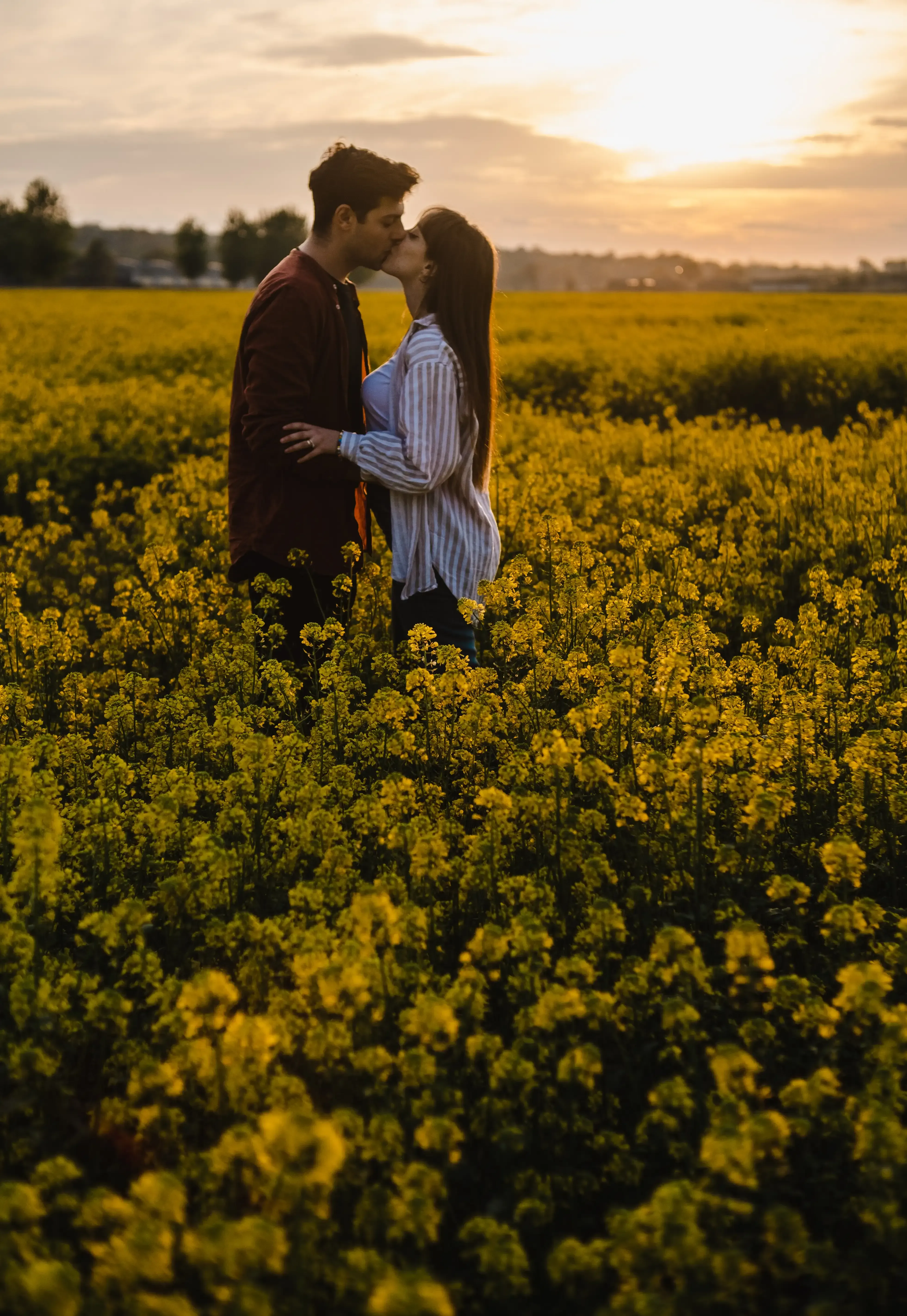 Giuseppe and Indya kissing in the rapeseed field at sunset.