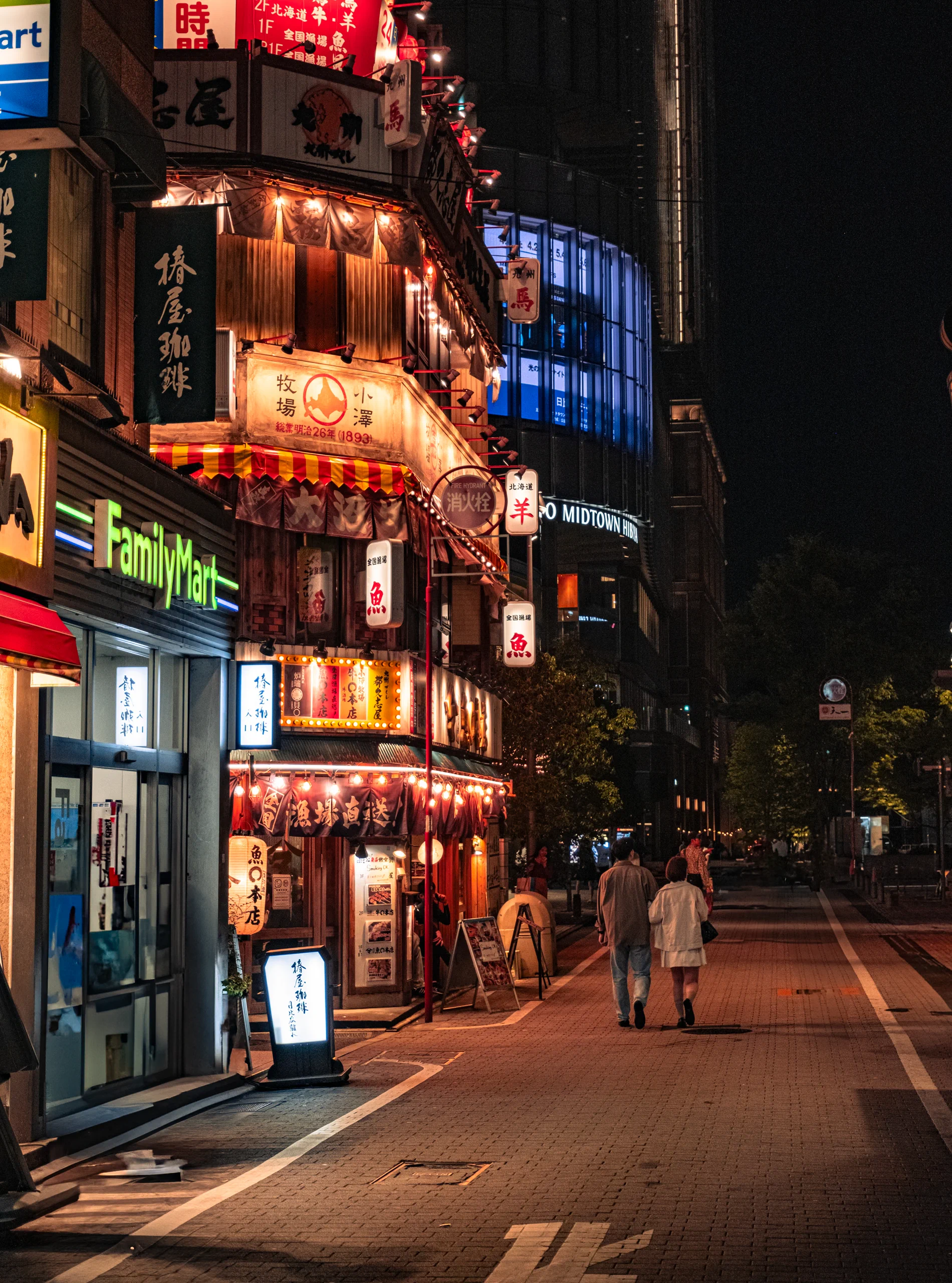 Glowing red lanterns and neon signs of a traditional Izakaya pub in Tokyo at night