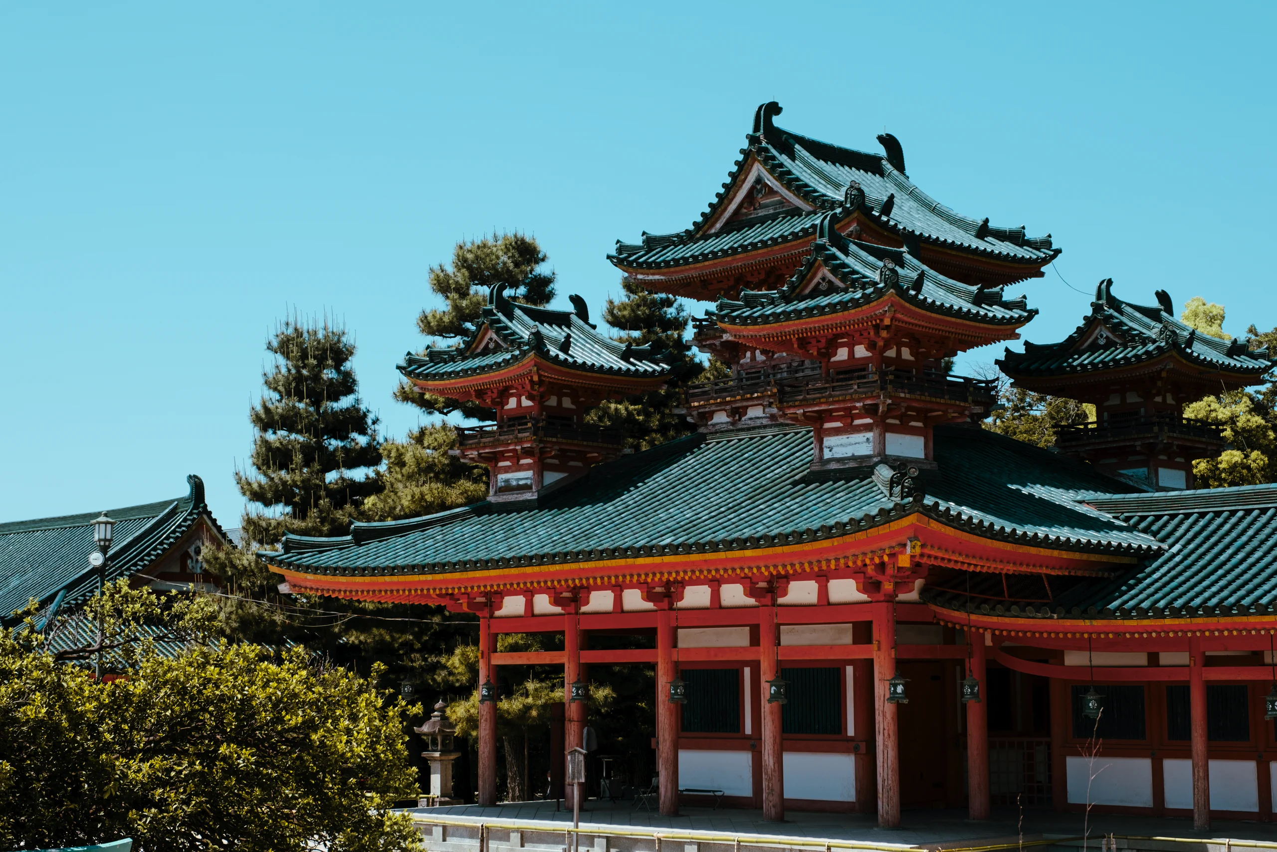 Bright red traditional temple building in Kyoto