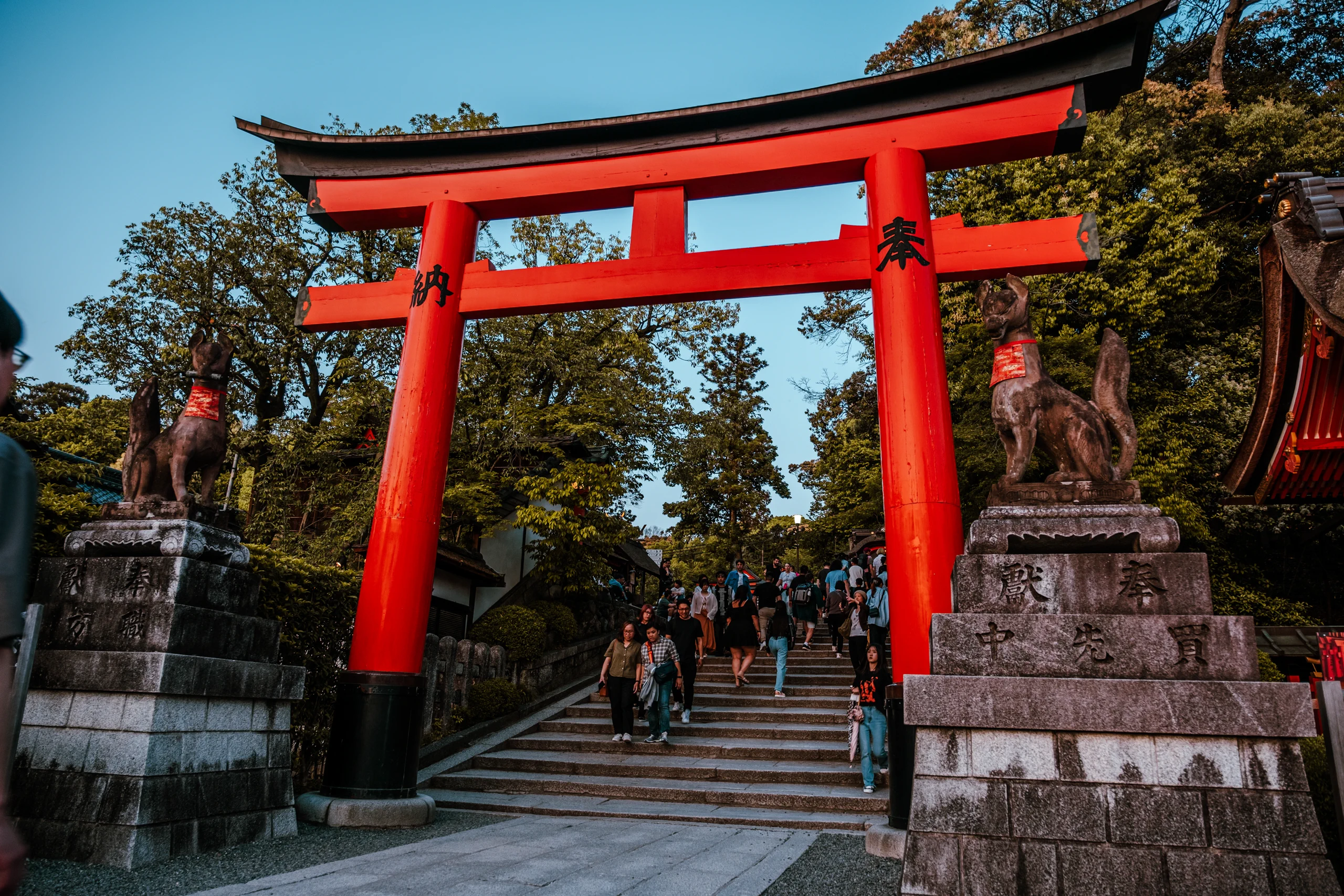 Large Torii gate at the entrance of Fushimi Inari Shrine in Kyoto