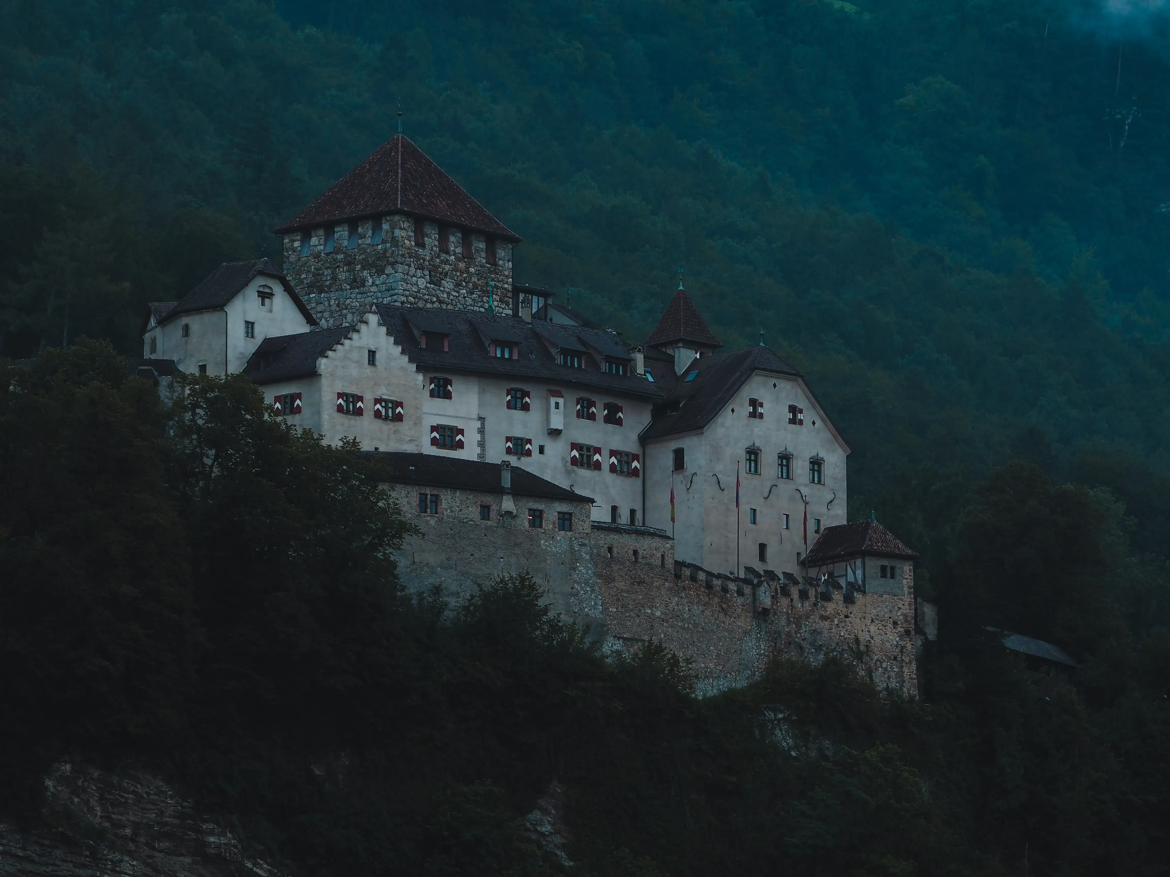 view of Vaduz Castle perched on the hill overlooking the valley