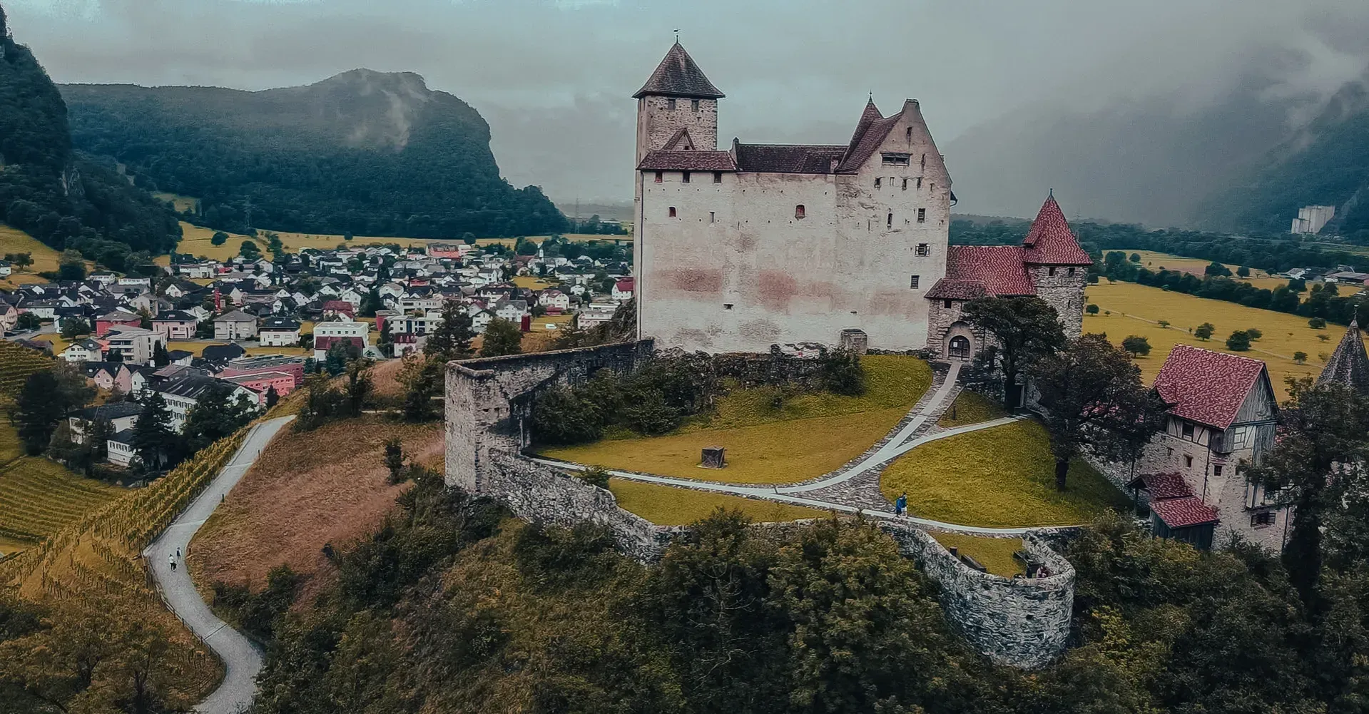 Drone shot of Gutenberg Castle on a rocky outcrop.