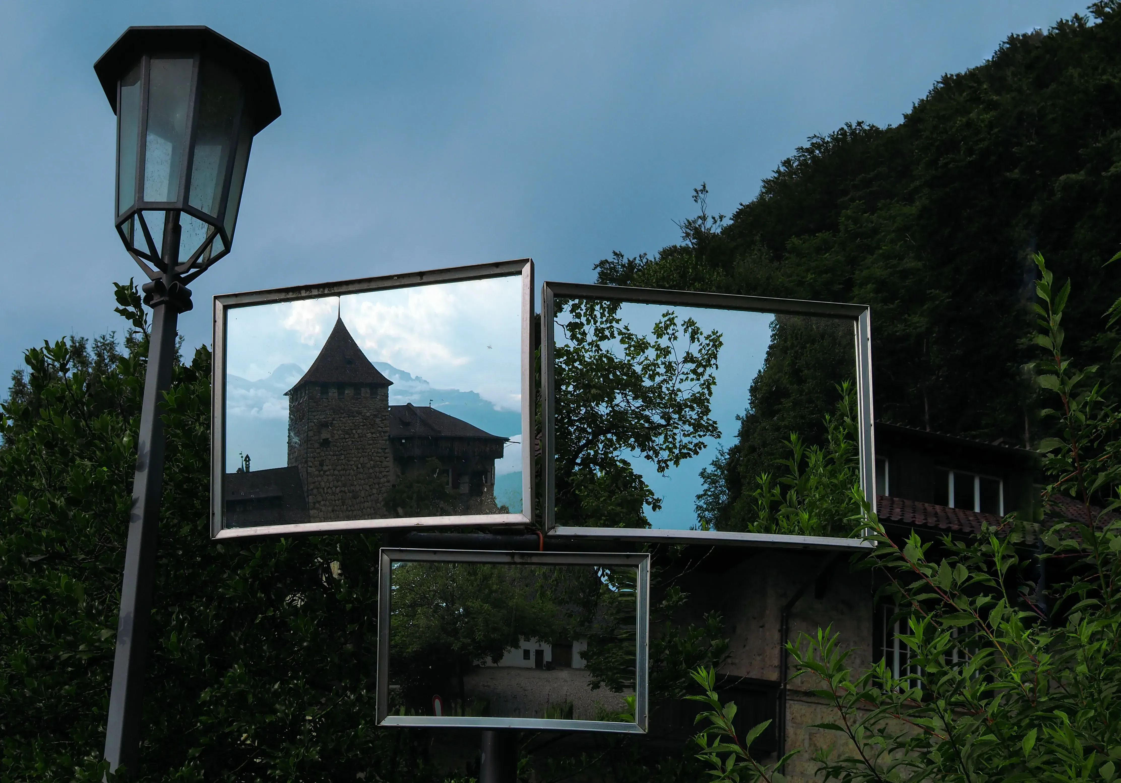 Mirrors reflecting the image of the historic Vaduz Castle