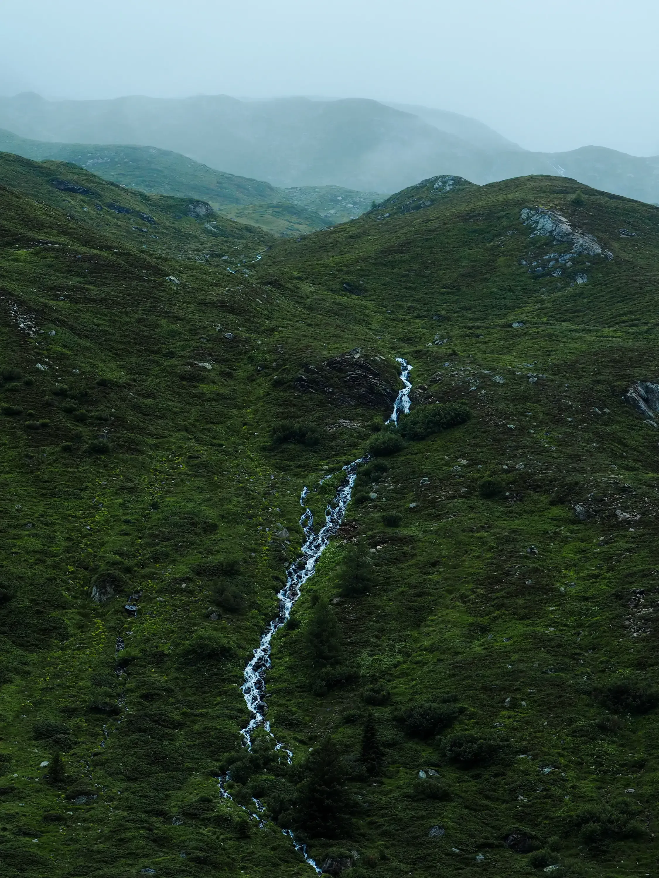 Small, clear stream of water cascading down the rocky terrain of the mountain.