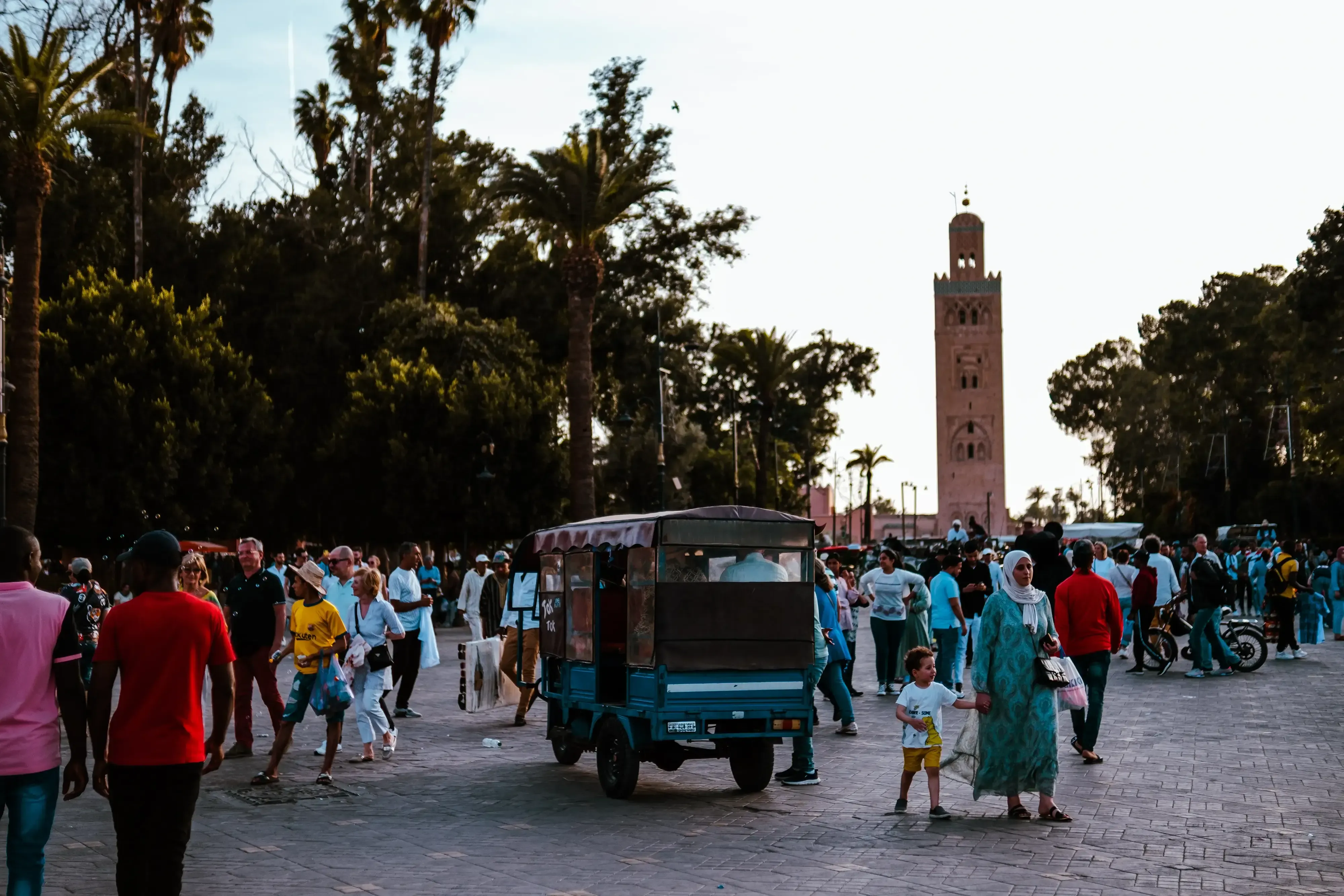 Wide view of the bustling Jemaa el-Fna main square in Marrakech.