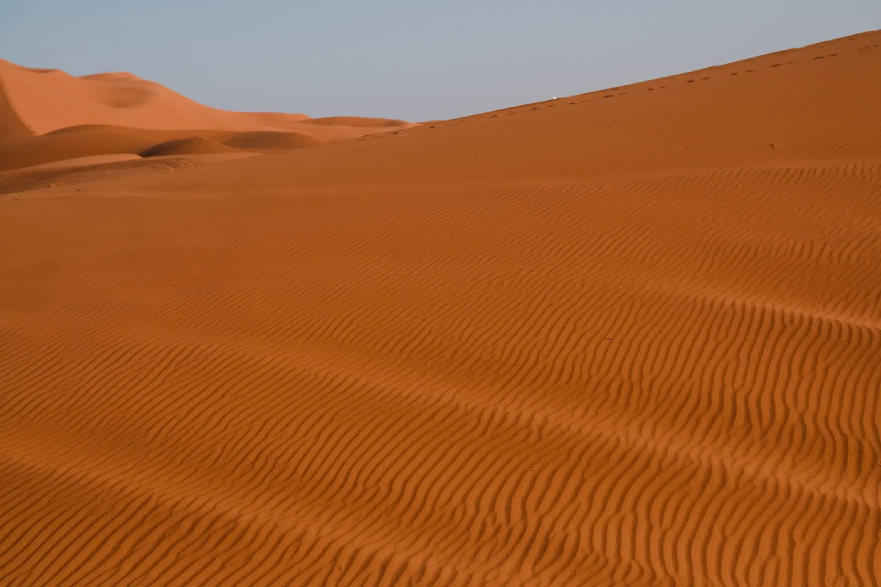 Smooth, untouched sand dunes of the Merzouga desert with crisp shadows.