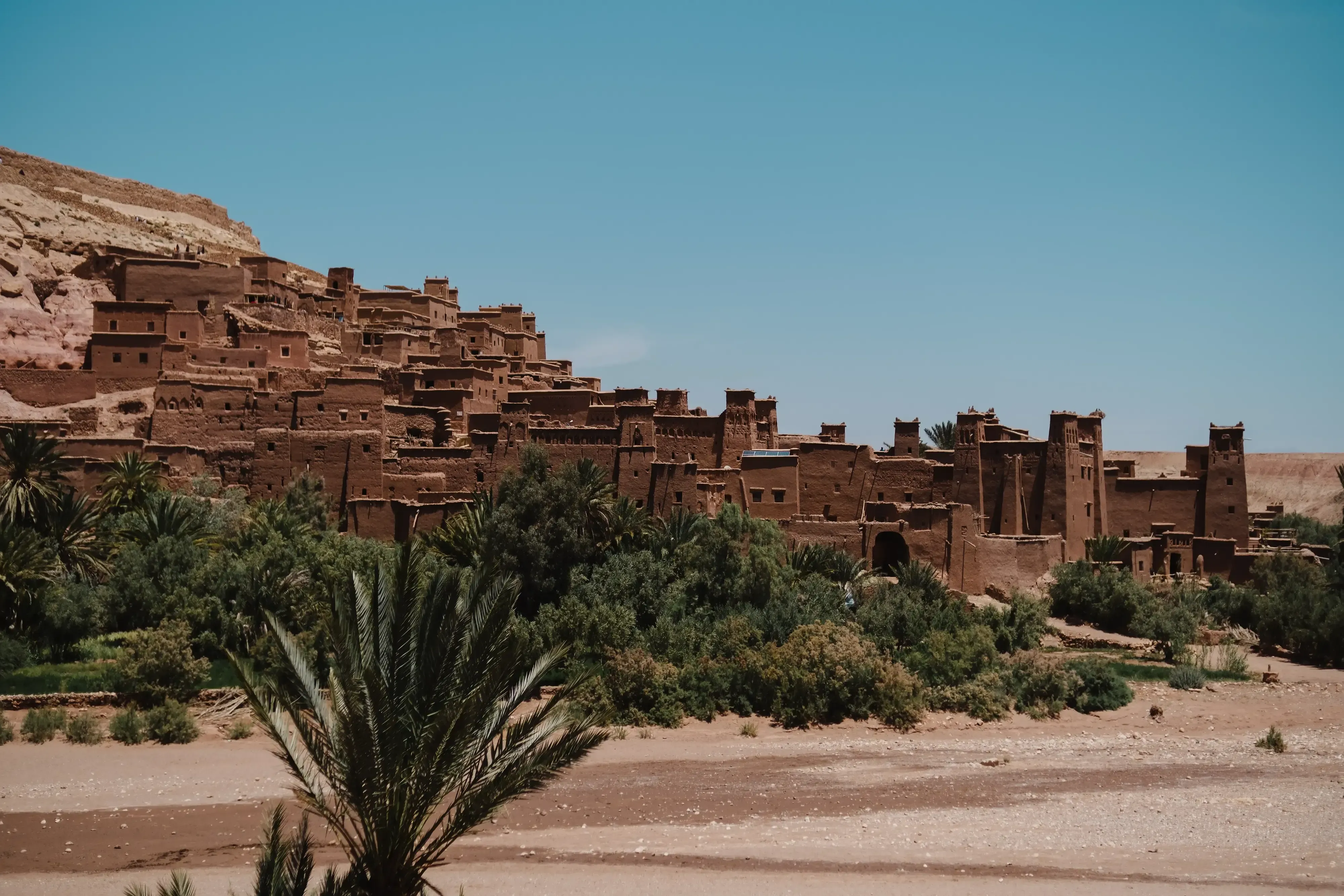 Panoramic view of the vast film studios and historic earthen structures near Ouarzazate.