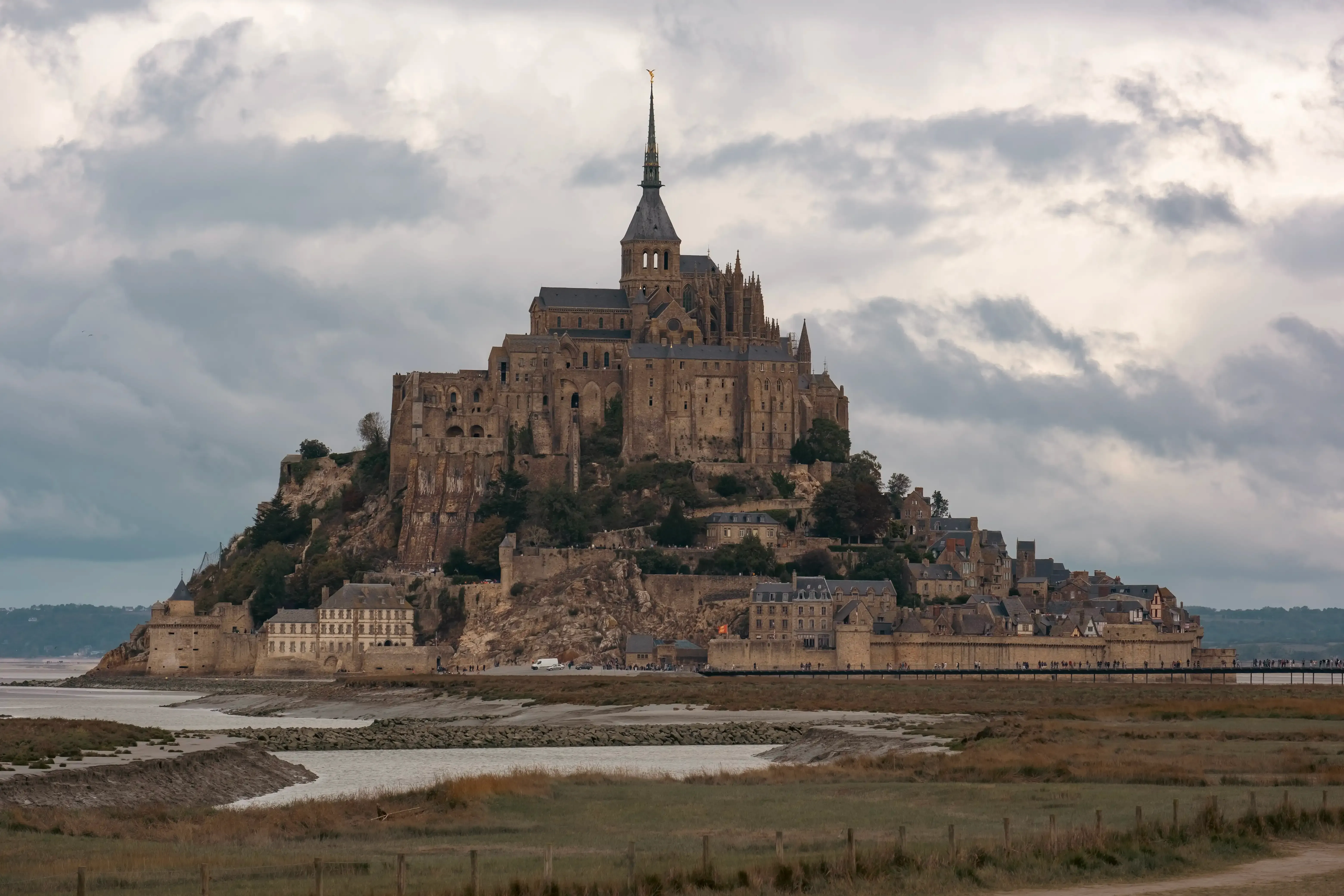 A view of the imposing medieval Abbey of Mont Saint-Michel, perched atop the island.