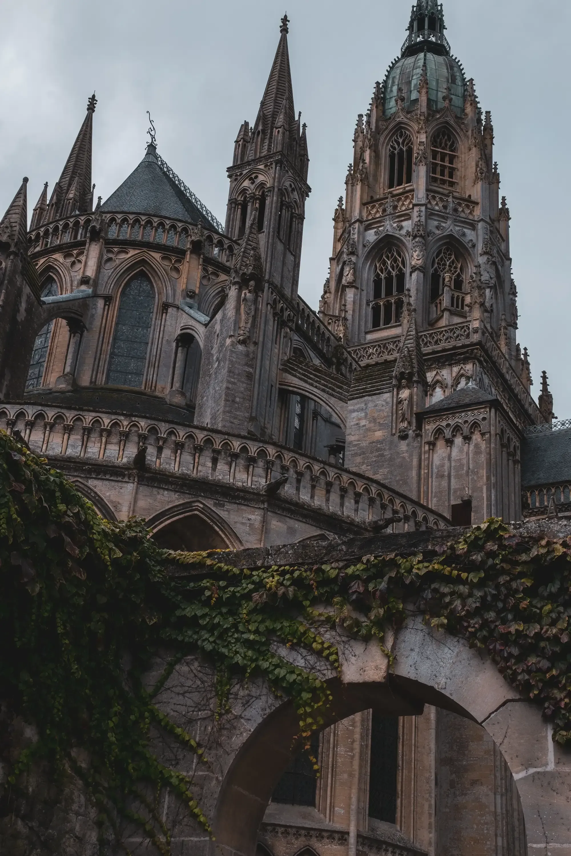 The exterior or interior façade of the historic Bayeux Cathedral (Cathédrale Notre-Dame de Bayeux), Normandy.