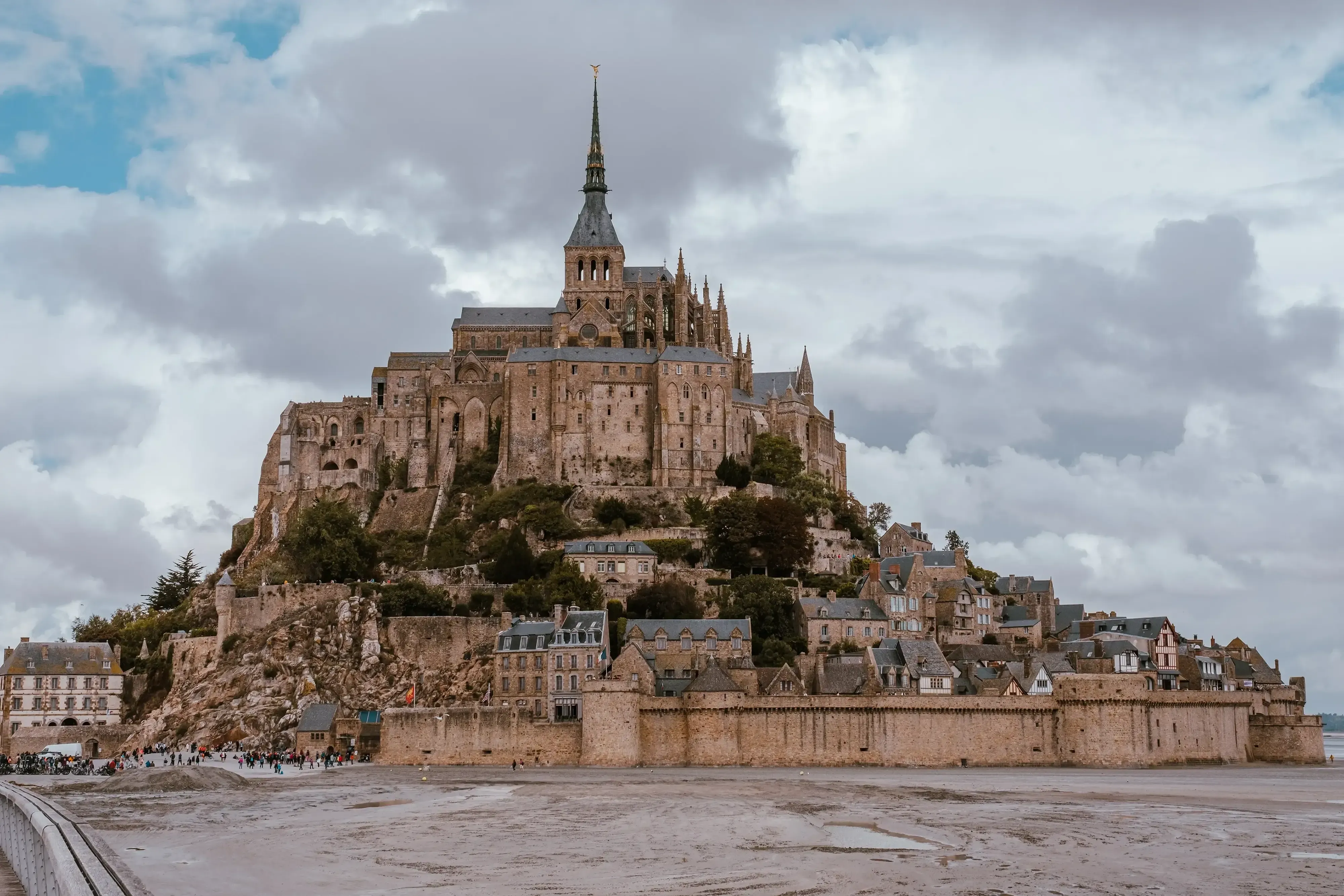 The medieval Abbey of Mont Saint-Michel, seen in its entirety atop the conical island.