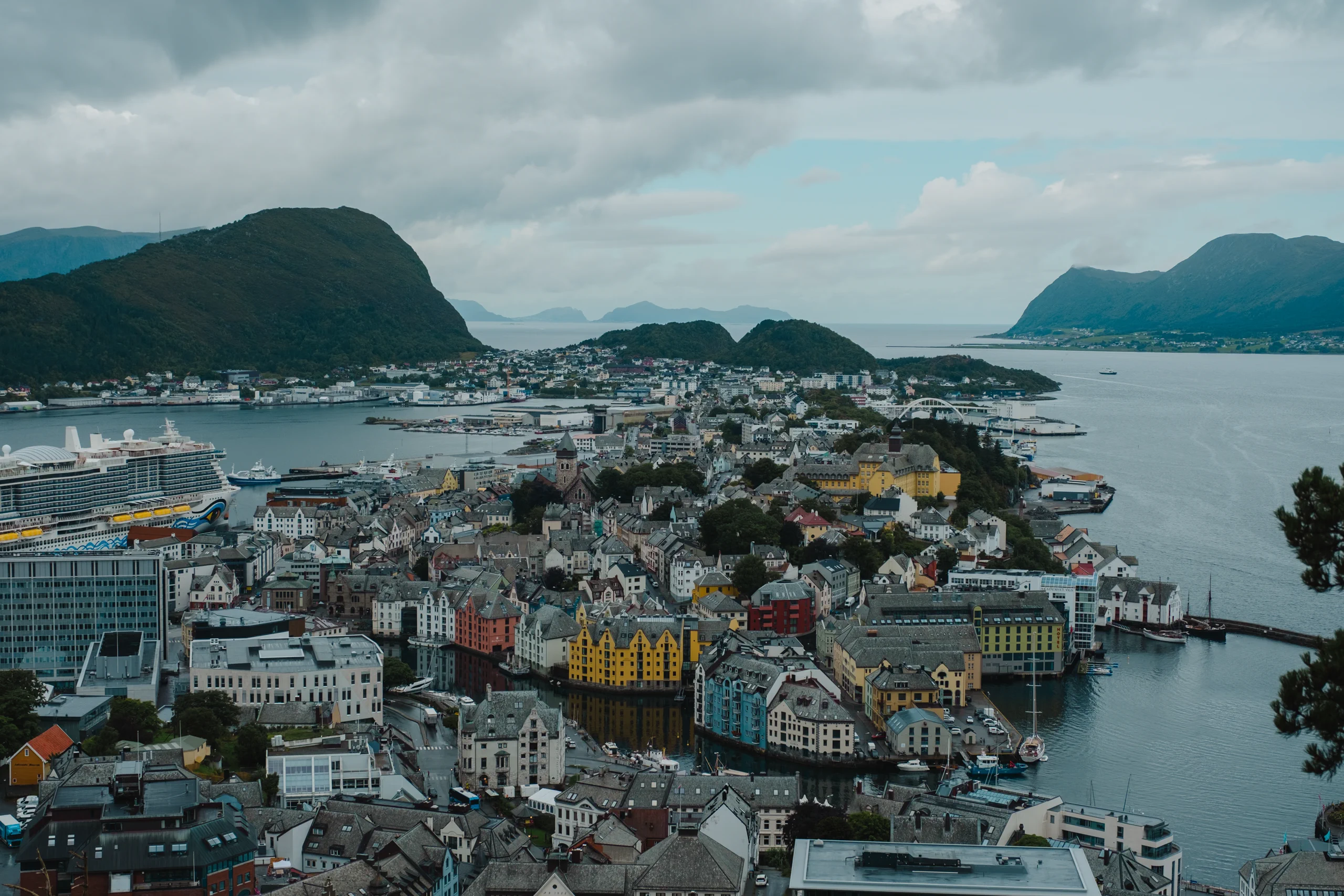 View of the distinctive Art Nouveau city of Ålesund from a high viewpoint.