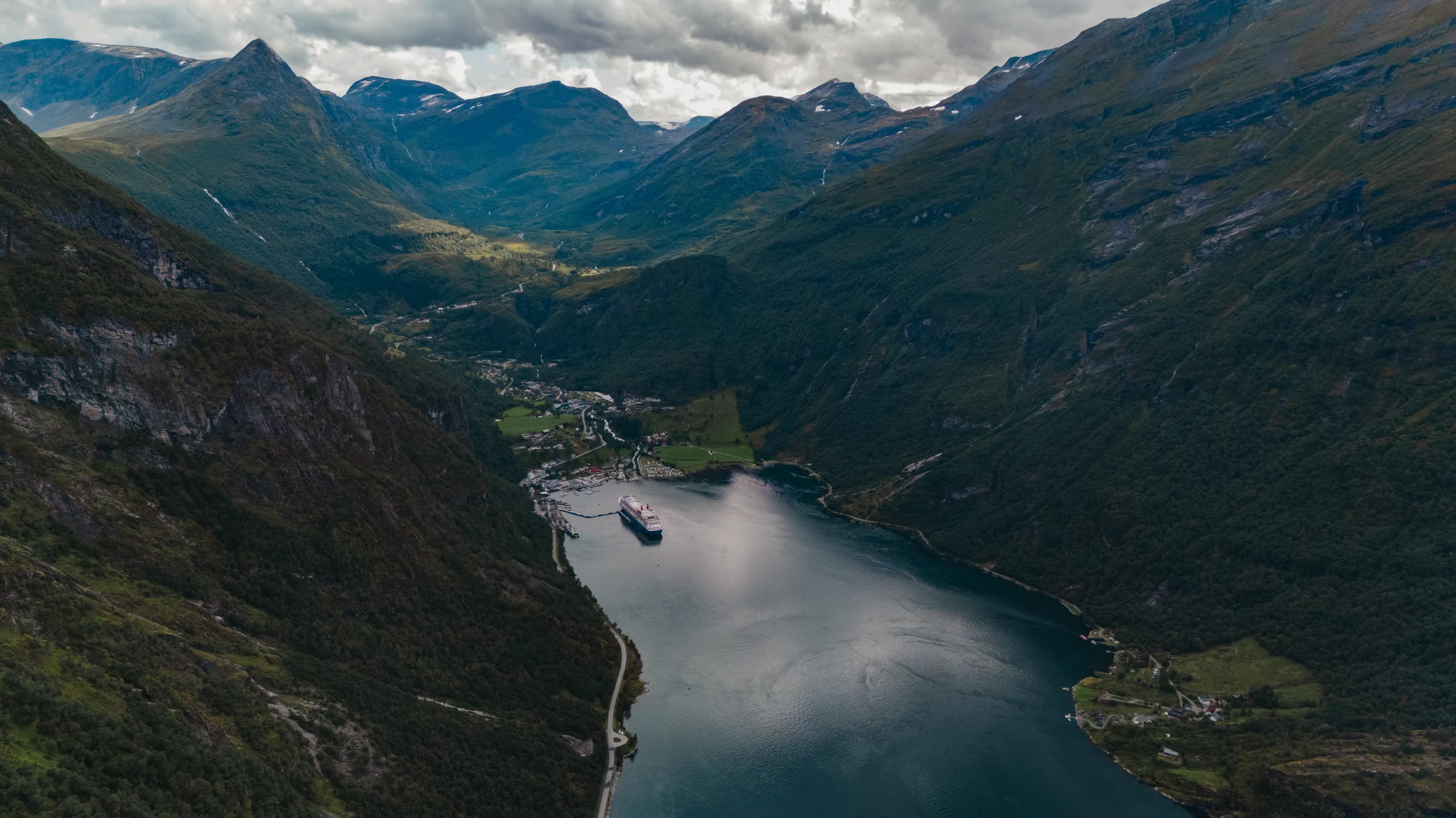 High-angle, panoramic view of the fjord and the valley from above