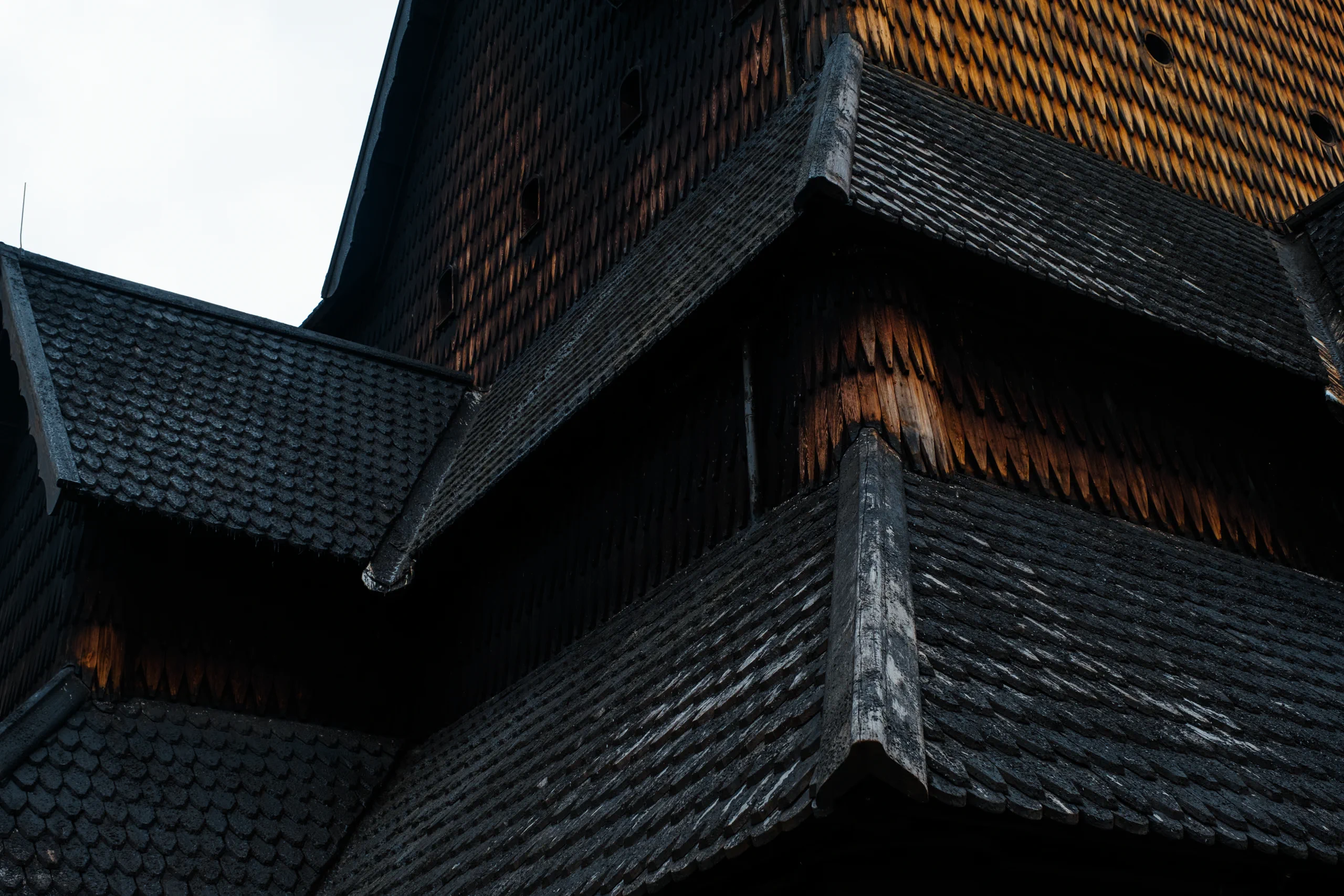 Detail of a stave church roof in Norway