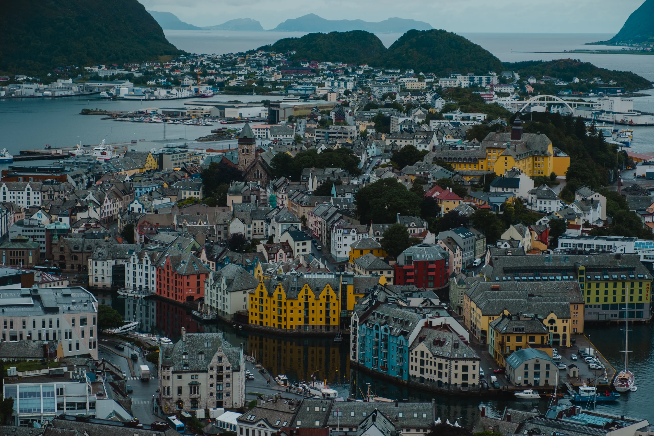 The picturesque town of Ålesund, Norway, known for its Art Nouveau architecture.
