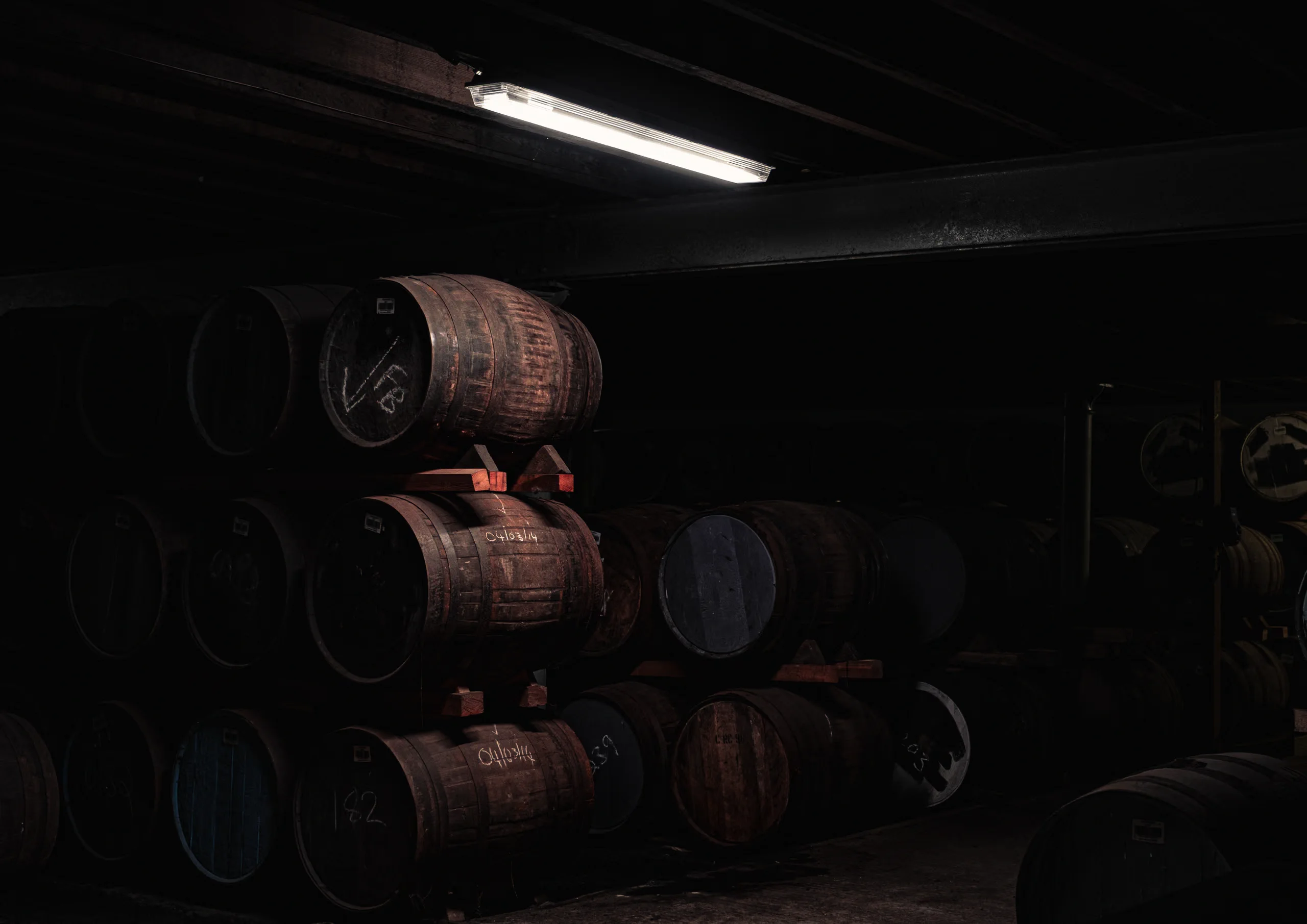 Barrels of whiskey in a scottish distillery
