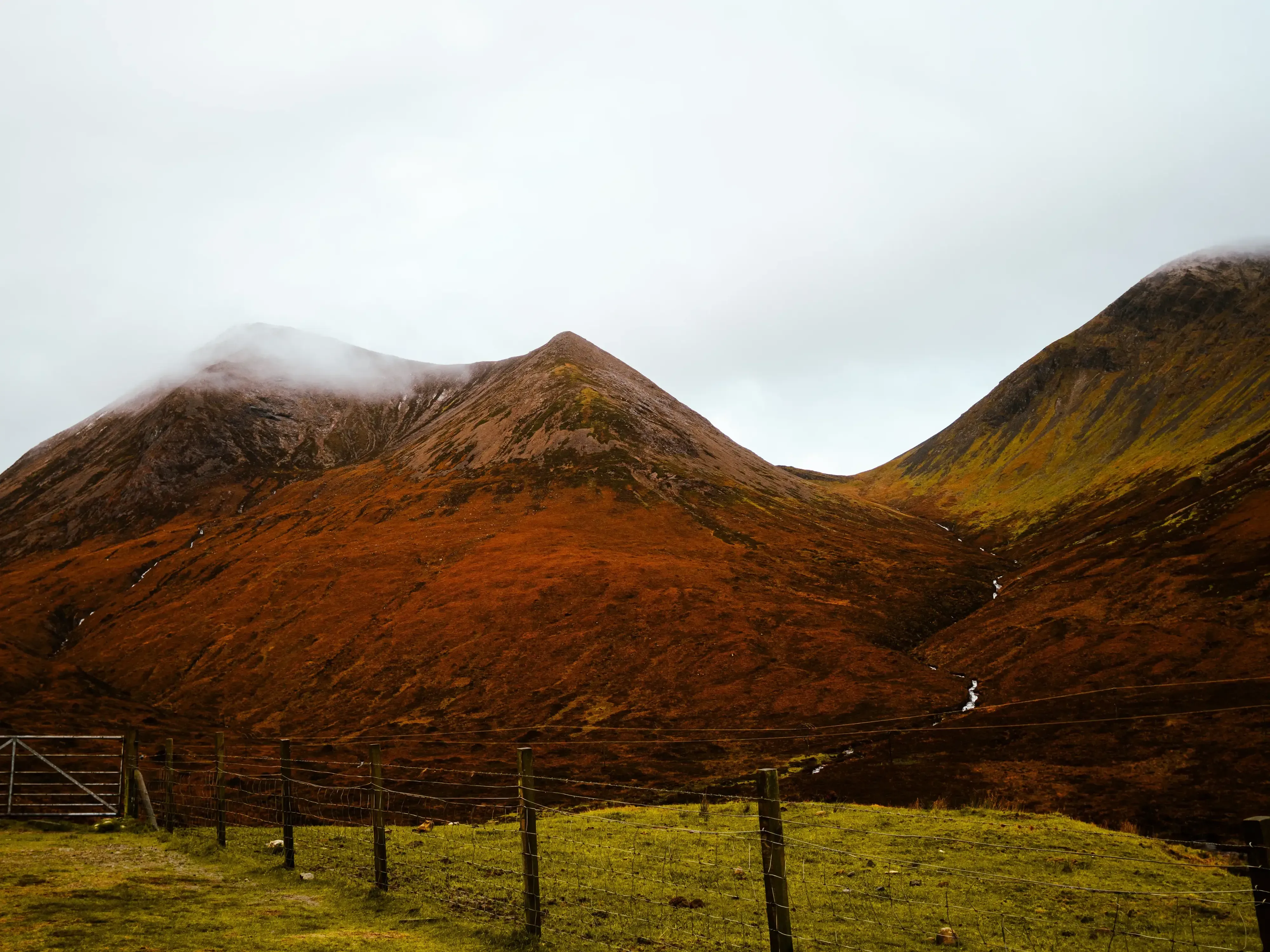 Old wooden fence or stile running through a grassy field in the Scottish Highlands.
