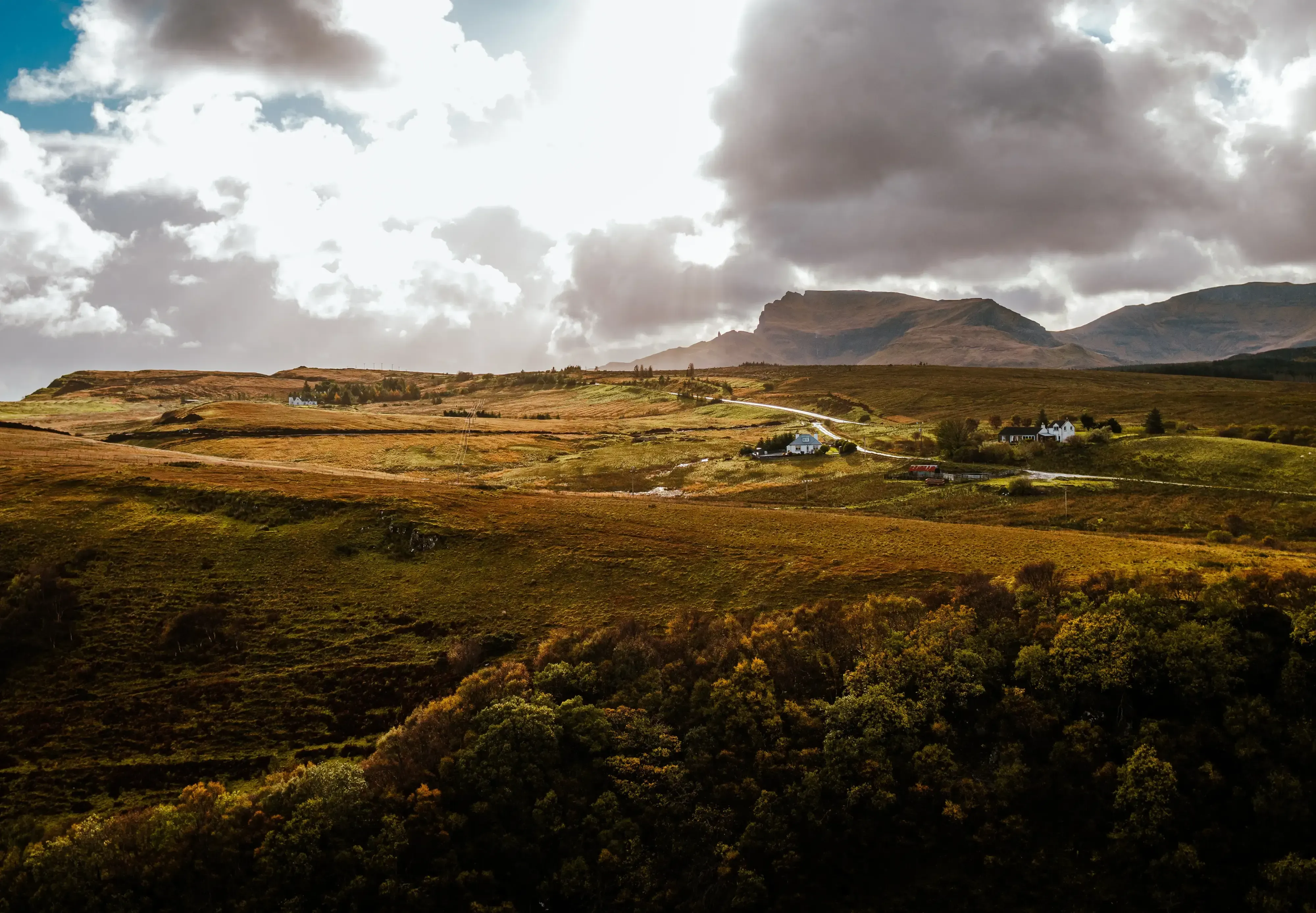 Vast field of dry, yellow grass and heather contrasting with the hills on the Isle of Skye.