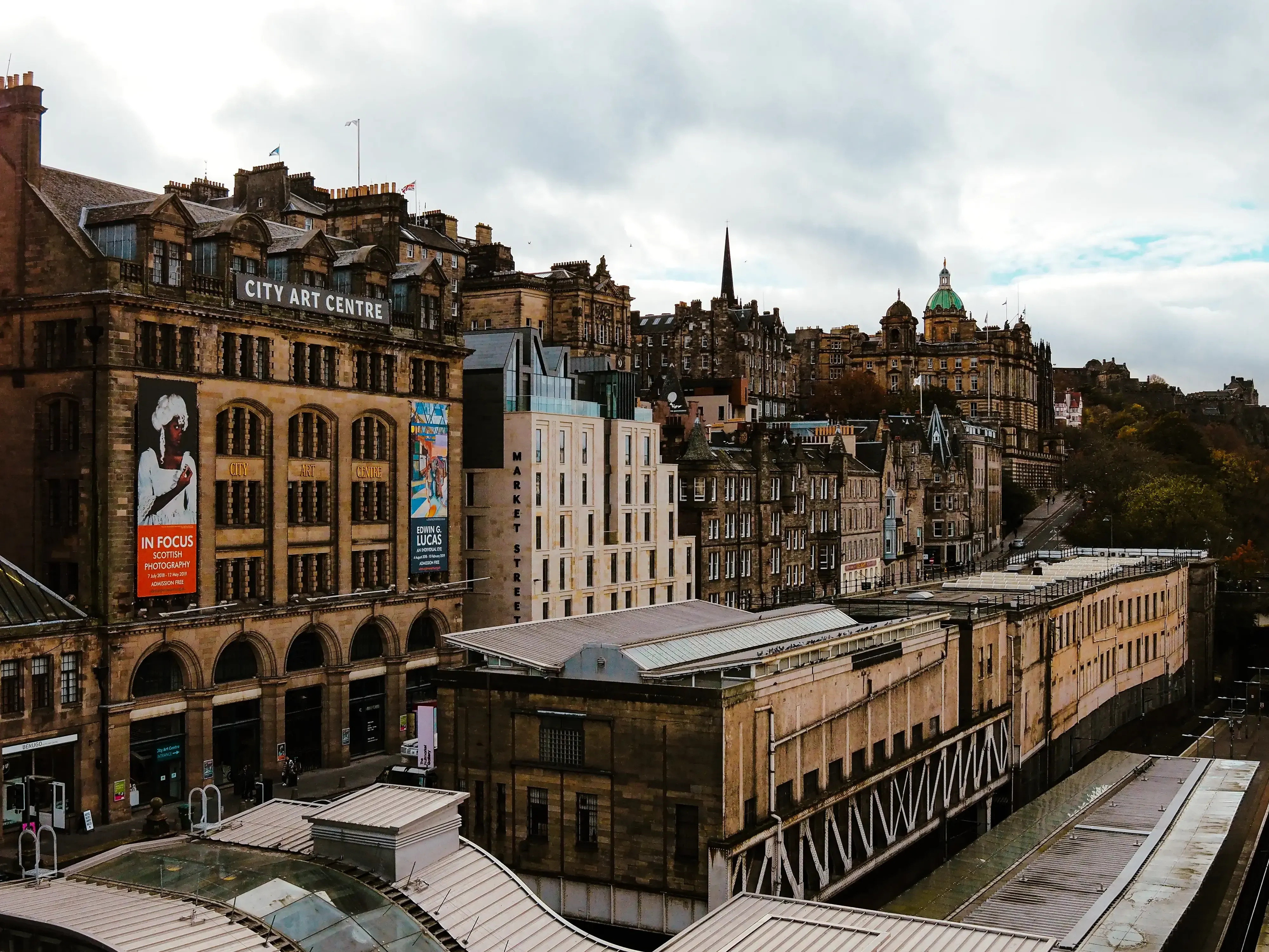 View across the historic rooftops and chimneys of the buildings in Edinburgh's Old Town.