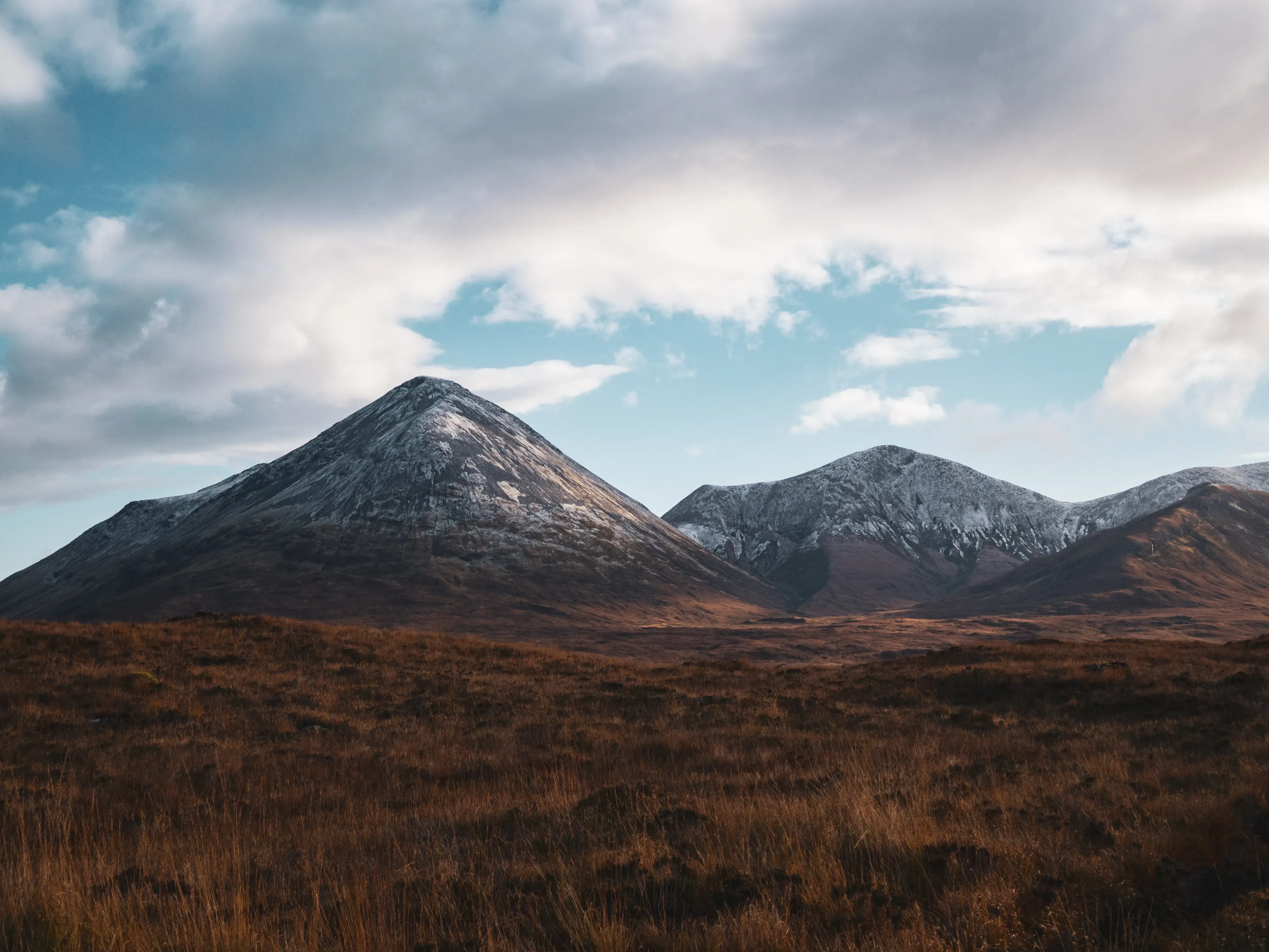 Snow-capped mountain towering over a large field of dry, yellowing autumn grass.
