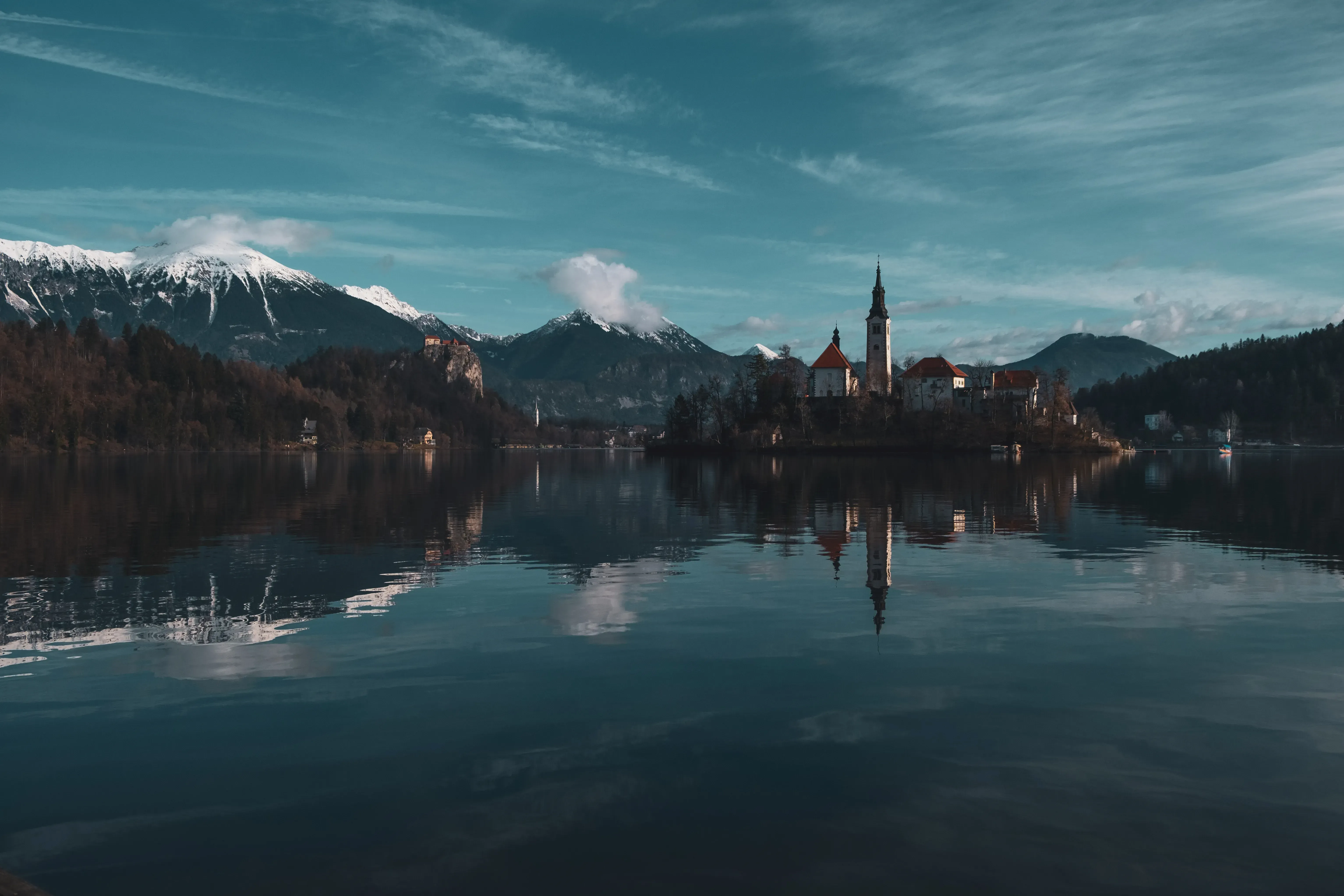 The iconic Pilgrimage Church of the Assumption of Mary situated on the island in the middle of Lake Bled, Slovenia.