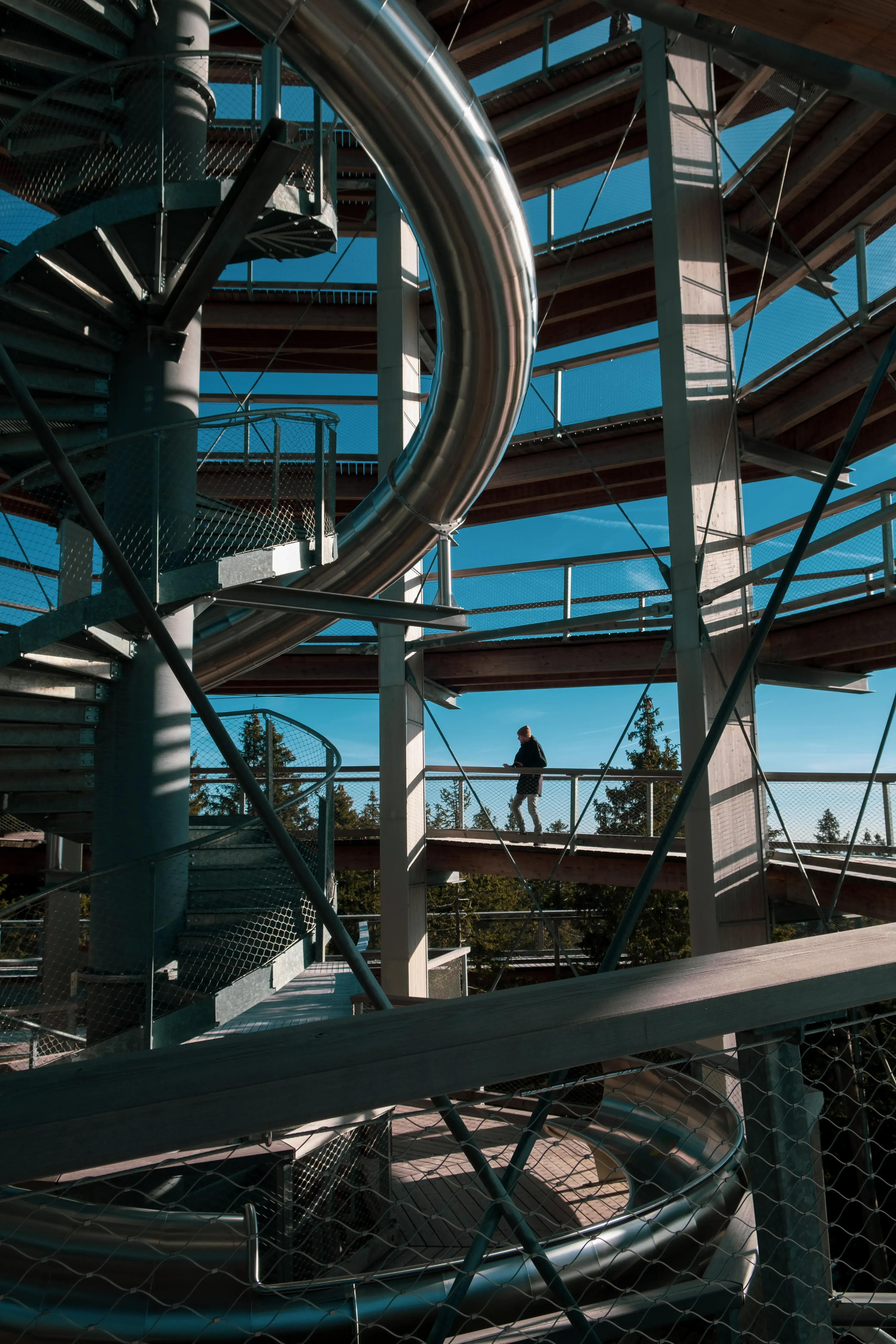 View from inside the long, enclosed spiral slide attached to the Treetop Walk at Rogla.