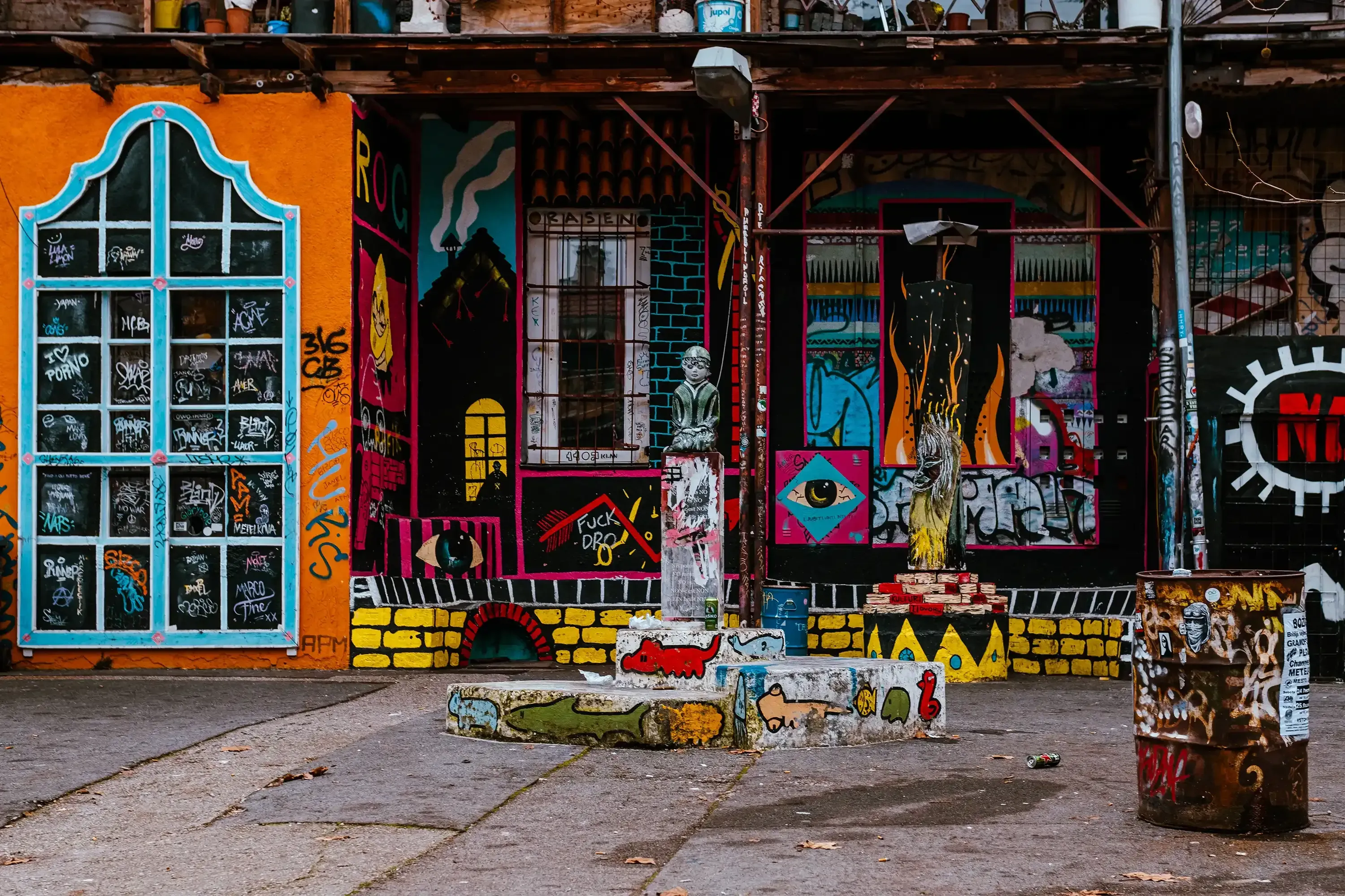 A picturesque view or glimpse of a typical street or corner in Metelkova