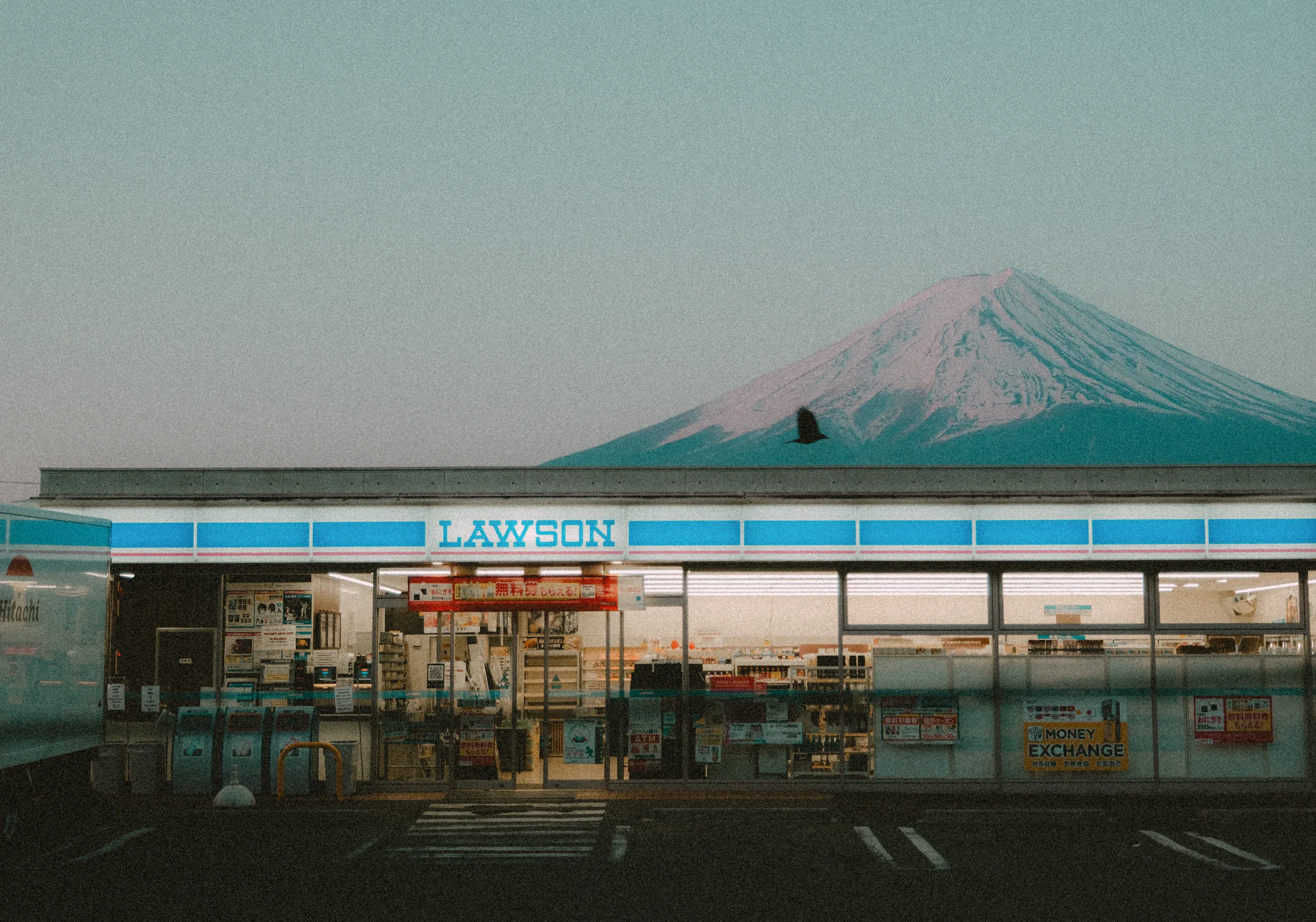 Lawson with mount fuji in the background and a crow passing by