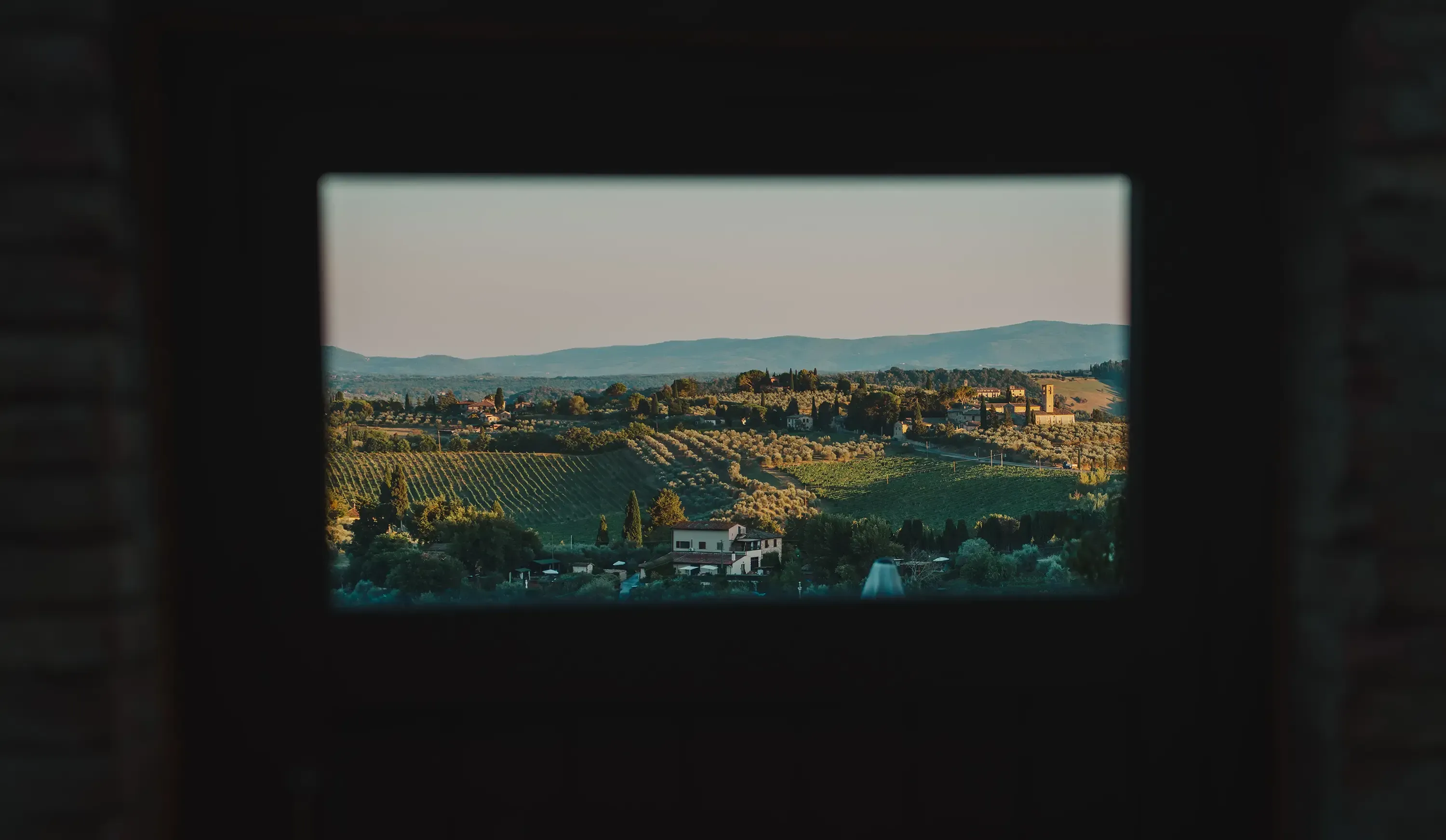 View of the Tuscan countryside and surrounding valley from the walls of San Gimignano.