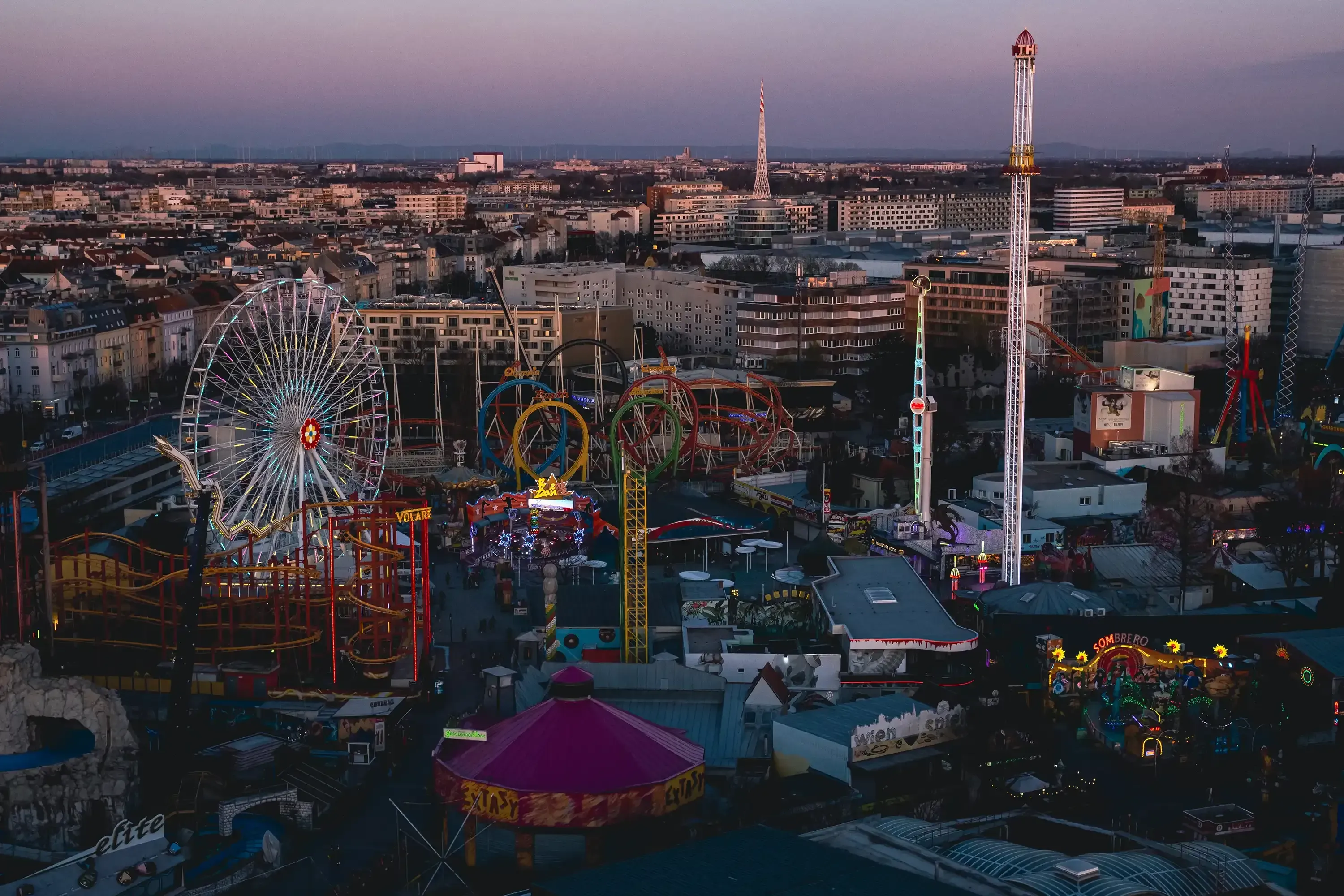 View of the Prater park area seen from the Giant Ferris Wheel.