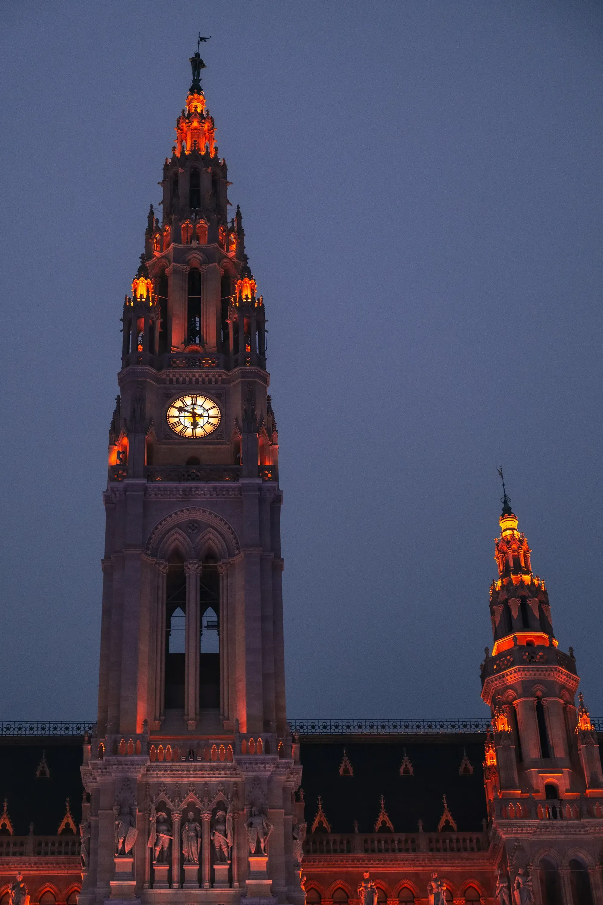 The prominent bell tower of the main church in Vienna's central square.