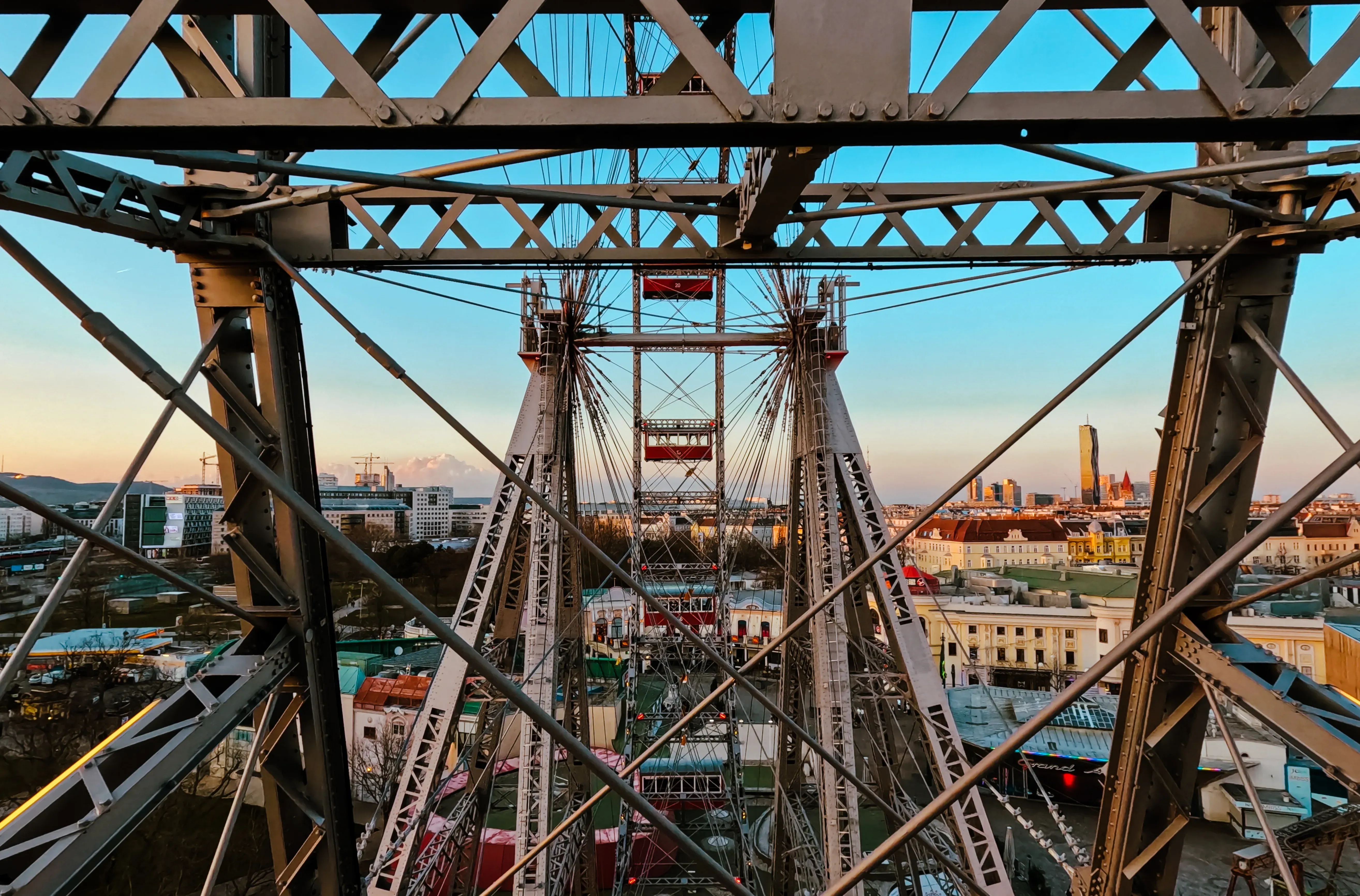 Close-up of the historical iron framework and engineering of the Prater Ferris Wheel.